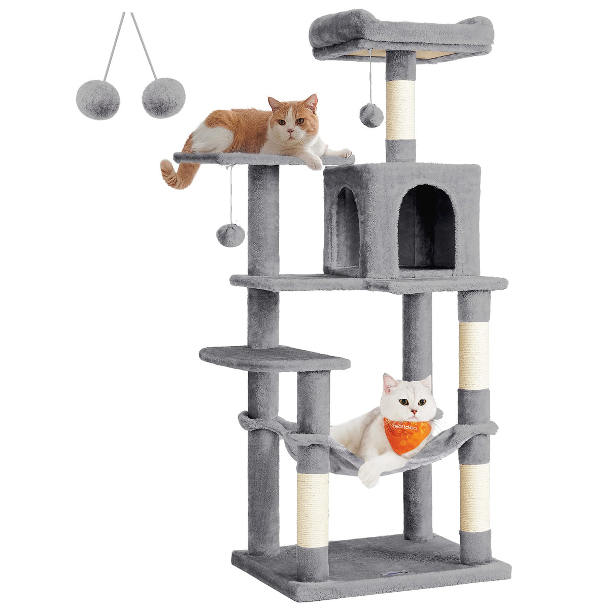 Feandrea Cat Tree Tower - 137.7 cm Multi-Level Plush Cat Condo - 4 Scratching Posts - Light Grey