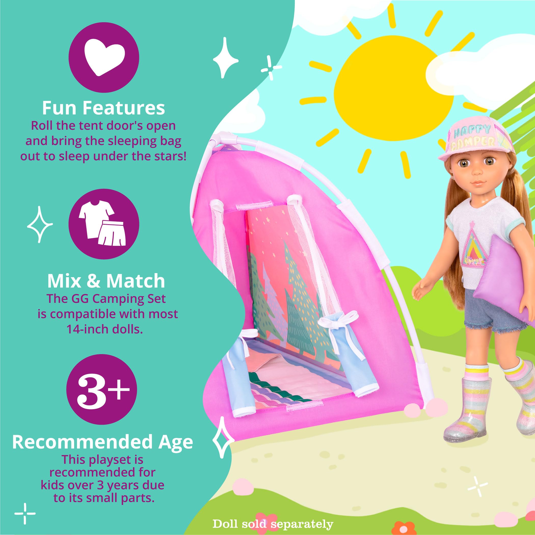 Glitter Girls Camping Set - 14-Inch Doll Play Tent with Rainbow Sleeping Bag & Pillow - 3+ Years