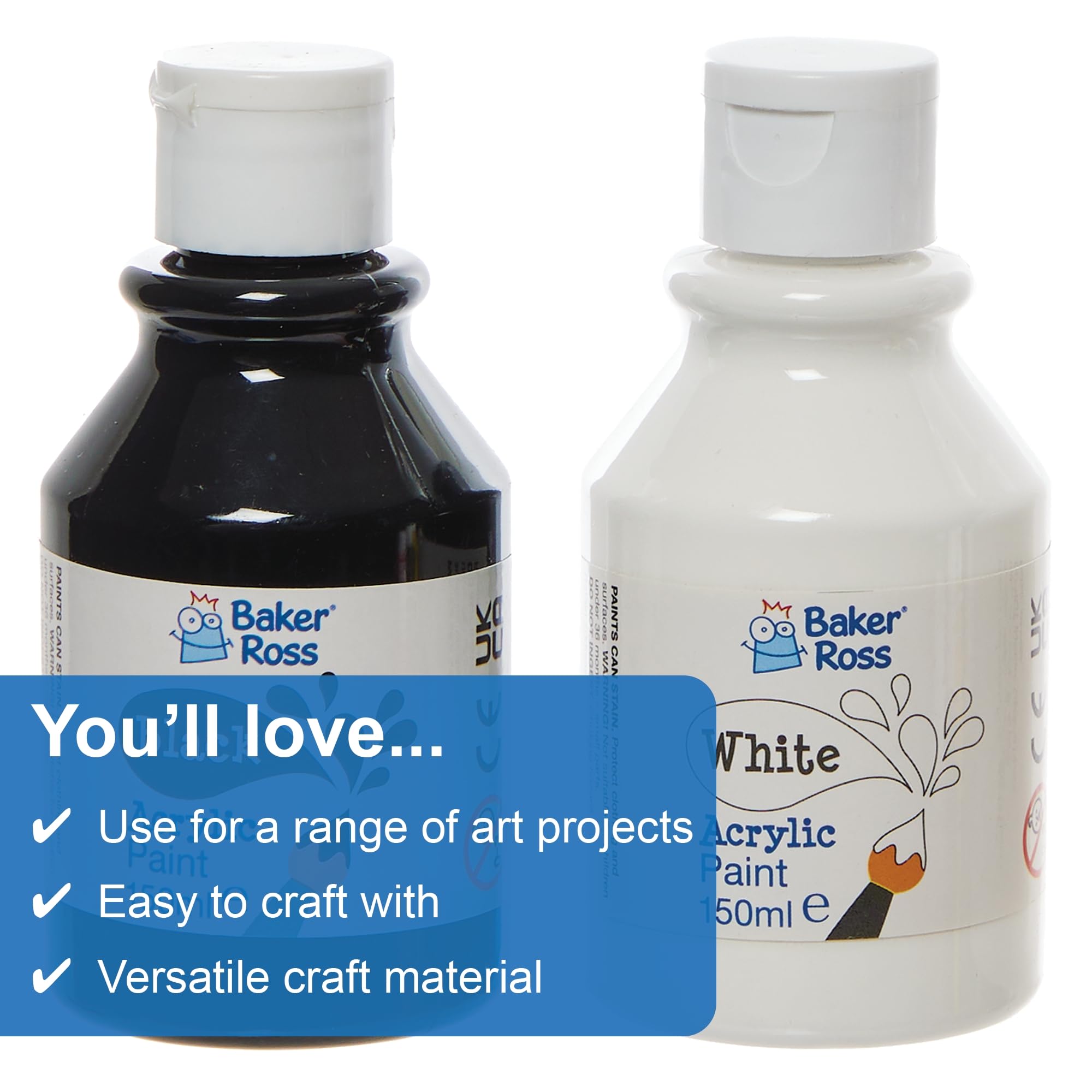 Baker Ross Black & White Acrylic Paint Pack - 4 x 150ml Bottles, Water-Based Washable Paint 3