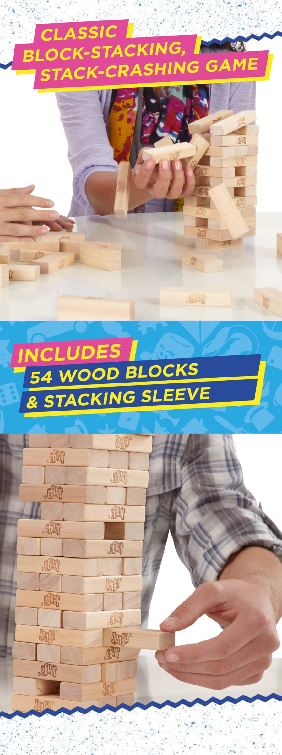 Hasbro Gaming Jenga Classic Stacking Game, Outdoor Family Fun for Kids Ages 6+, 54 Wooden Blocks with Stacking Sleeve
