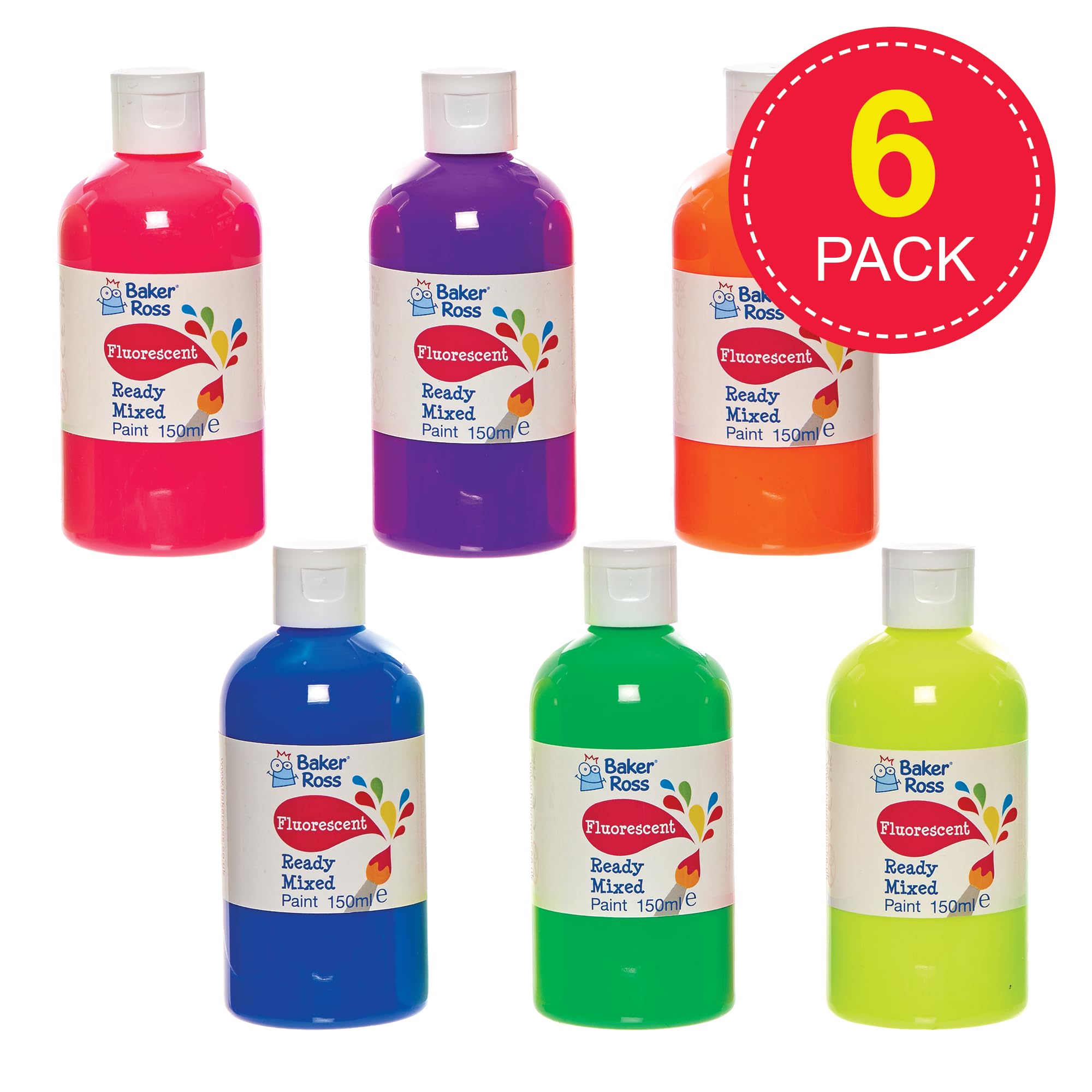 Baker Ross FN247 Fluorescent Ready Mixed Poster Paint - 6 x 150ml Bottles | Washable 2