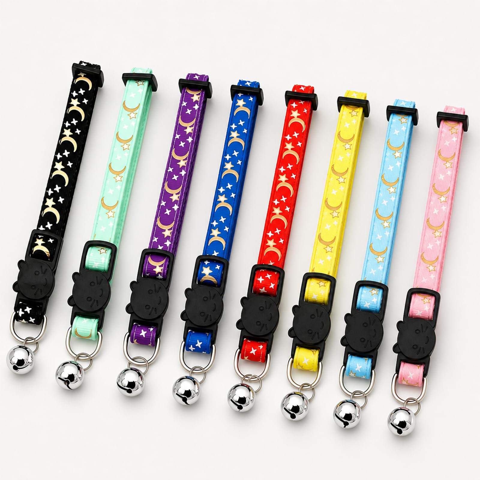 Muexoee Reflective Adjustable Cat Collar with Bell - Moon Star Print, Black, 2 Pack 7