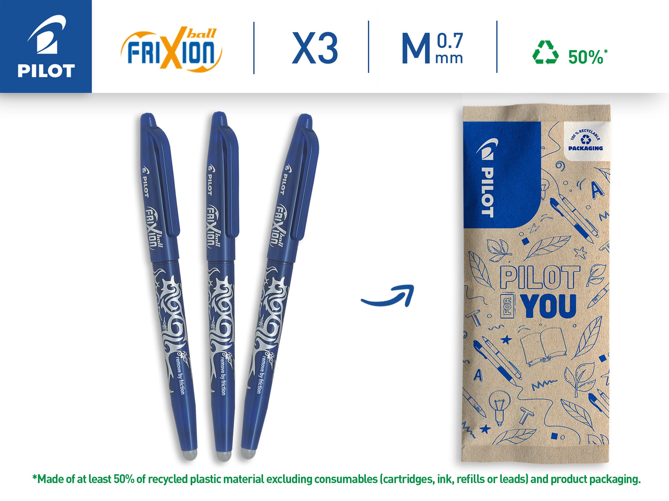 PILOT FriXion Ball 07 Erasable Gel Ink Rollerball Pen - 0.7mm Tip, Blue Ink, Refillable