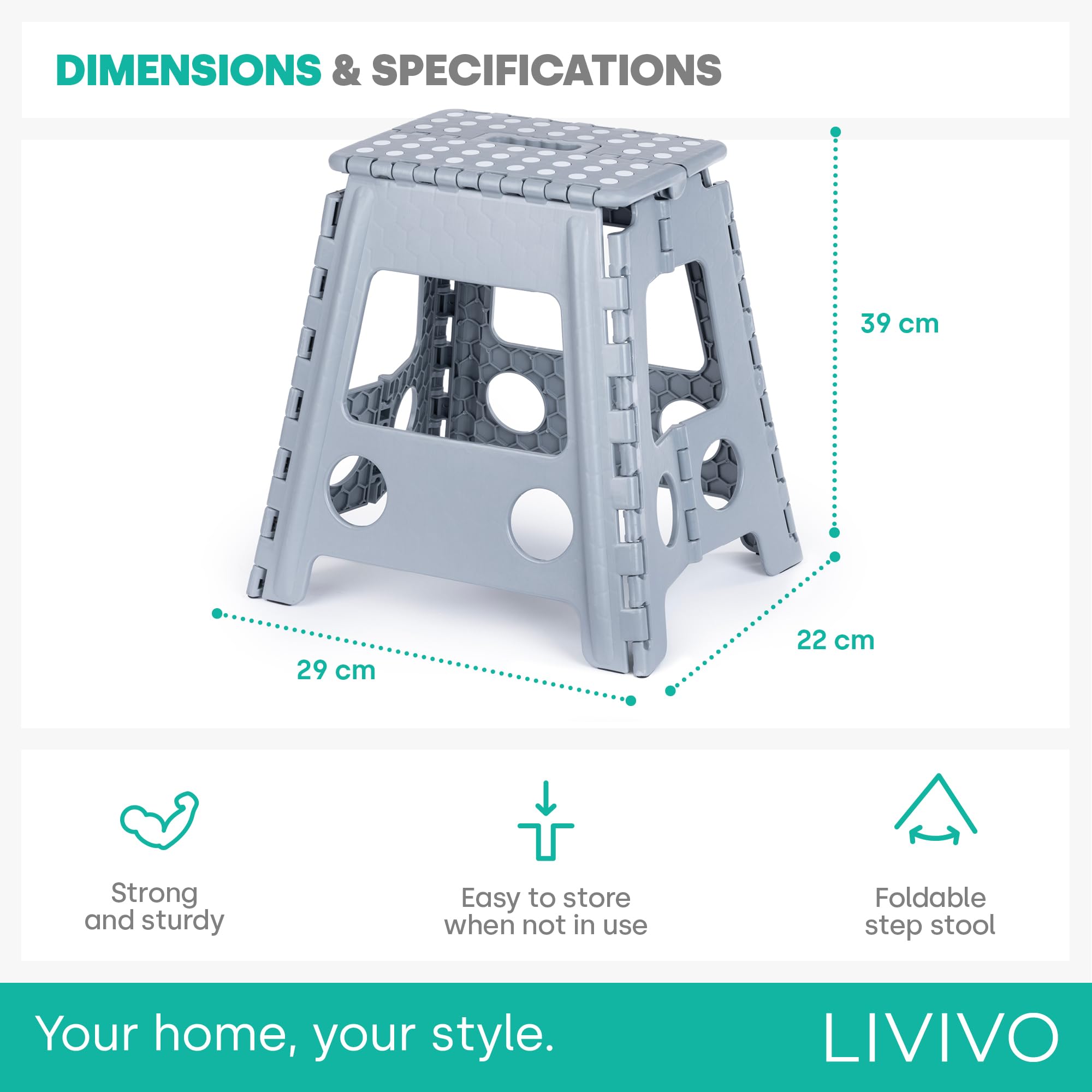 LIVIVO Folding Step Stool - Two Tier, 150kg Capacity, Grey Polypropylene | Model FS726 8