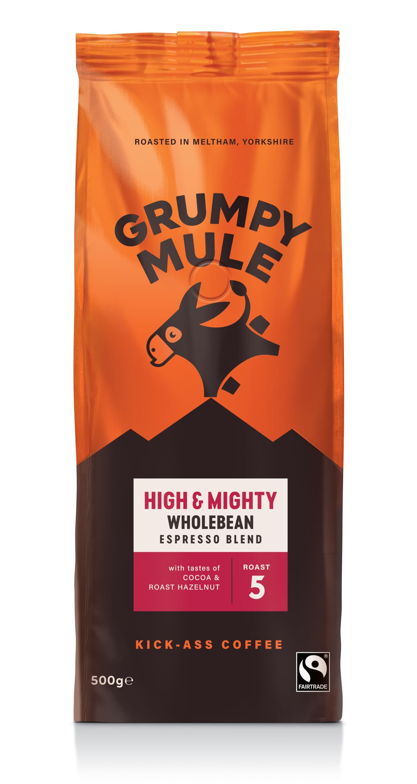 Grumpy Mule High and Mighty Espresso Blend Whole Coffee Beans - Fairtrade Arabica Coffee with Cocoa and Hazelnut Notes