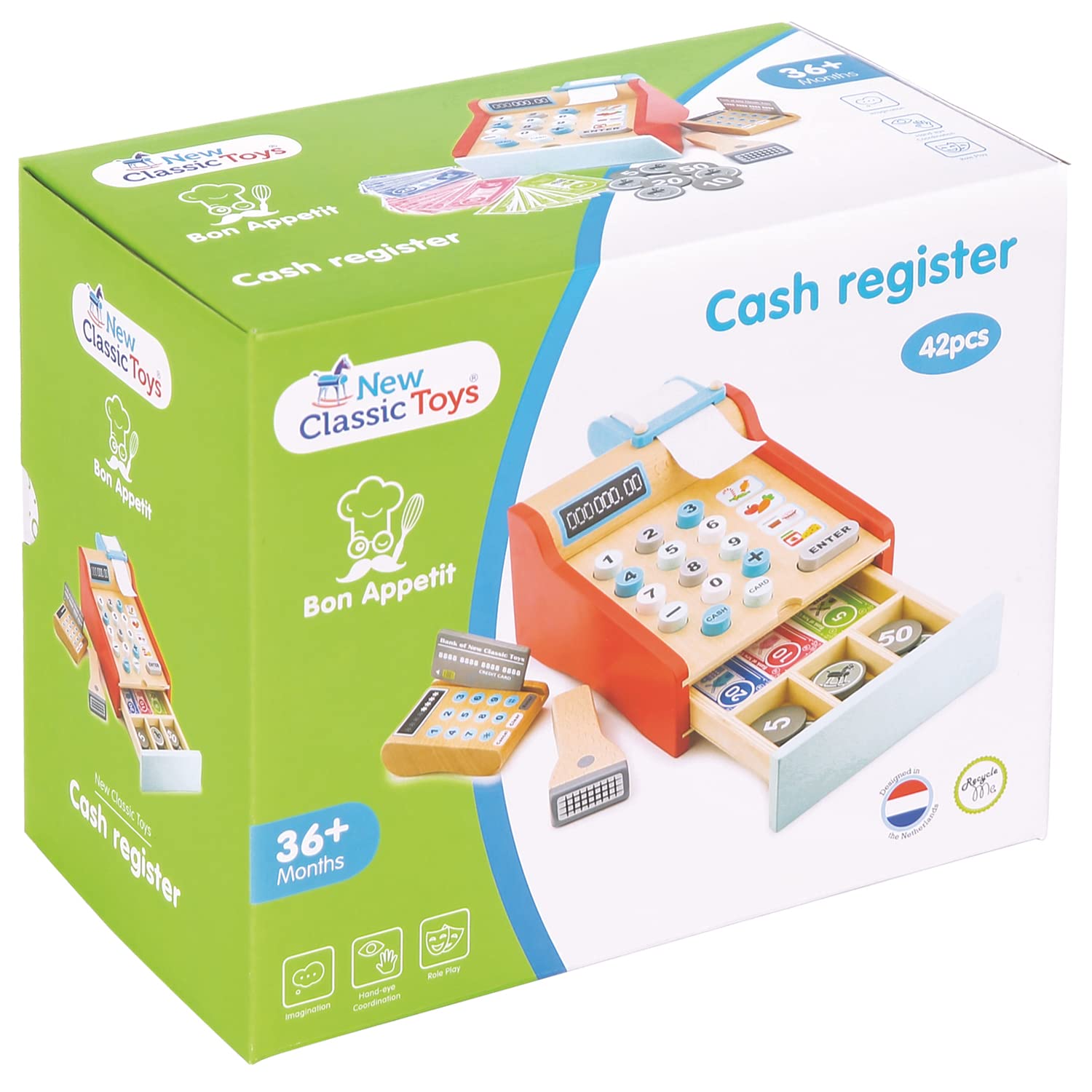 New Classic Toys Bon Appetit Wooden Cash Register Set Pretend Play Toy for Kids 3 Years and Up 13