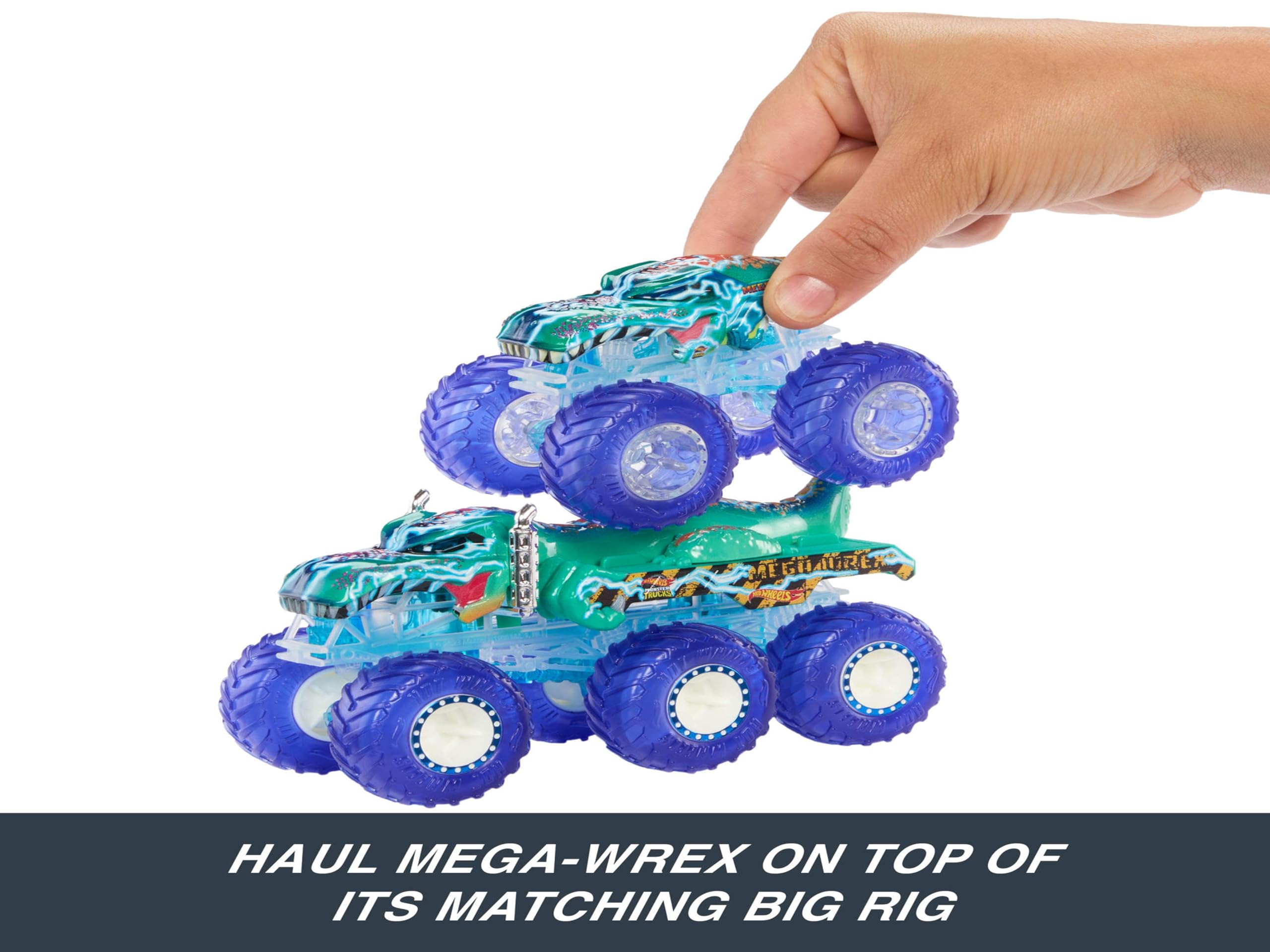 Hot Wheels Monster Trucks Multipack - Mega-Wrex & Tiger Shark 1:64 Scale Trucks with Big Rigs (HYJ29) 5