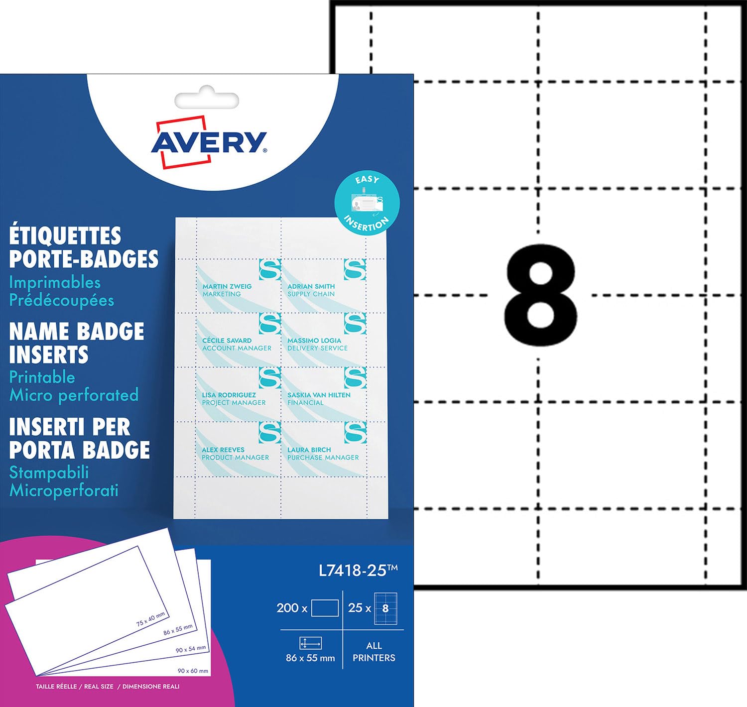 AVERY L7418-25 Printable Double-Sided Name Badge Inserts | 86 x 55 mm | 200 Cards per Pack