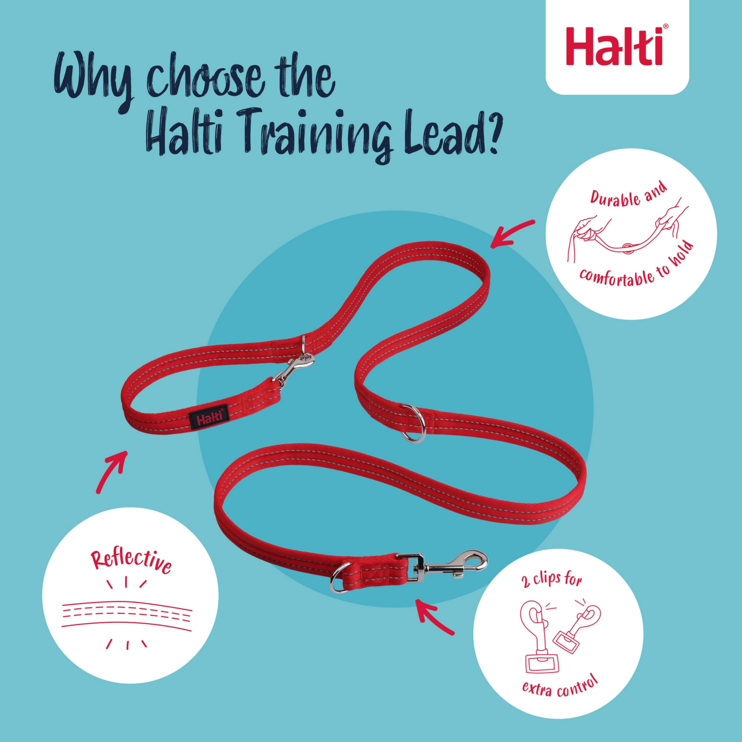 Halti Training Lead - Stops Pulling, Double-Ended, Lightweight & Durable | Size Small, Red, 2m 3