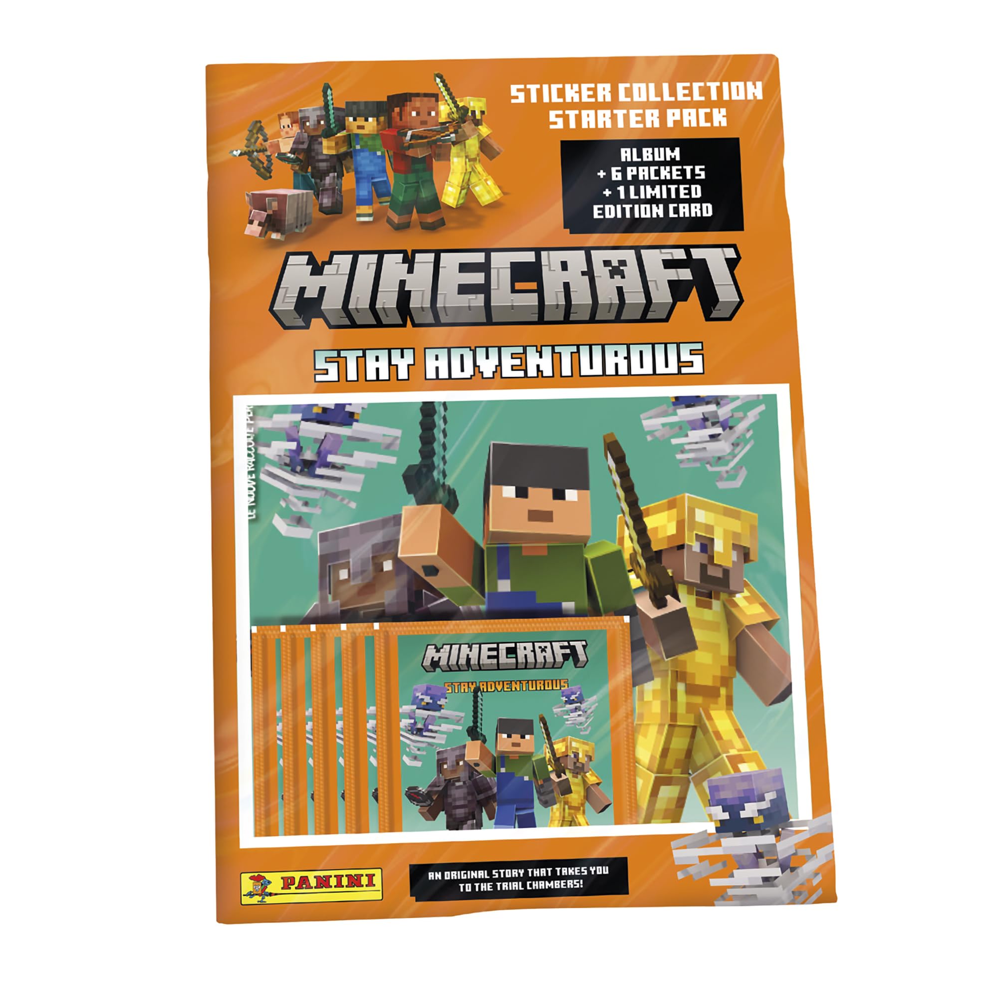 Panini Minecraft Stay Adventurous Sticker Collection - Starter Pack with Sticker Album, 6 Sticker Packets & 1 Limited Edition Block Card 1