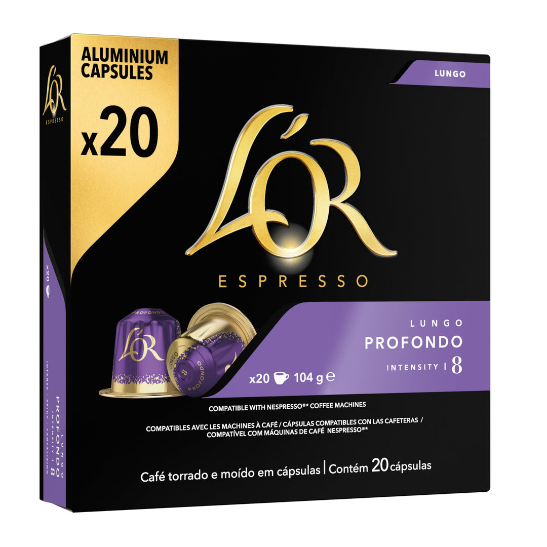 L'OR Espresso Lungo Profondo Coffee Pods x20 Intensity 8 - Pack of 10 (Total 200 Capsules)