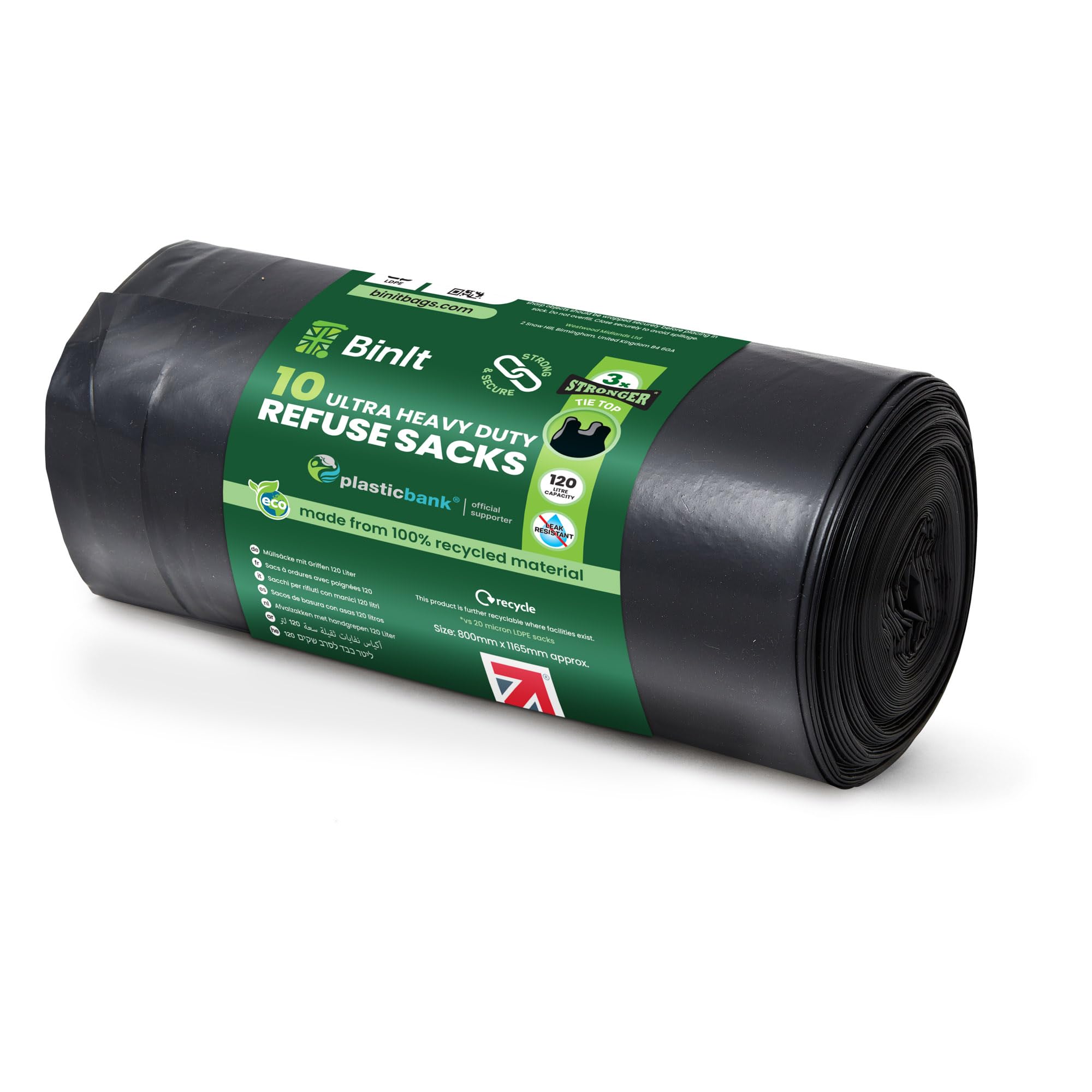 BIN IT Ultra Heavy Duty Tie Top Bin Liners - 120 Litre XL, 60 μm, 80kg Lift Tested (10 Count)