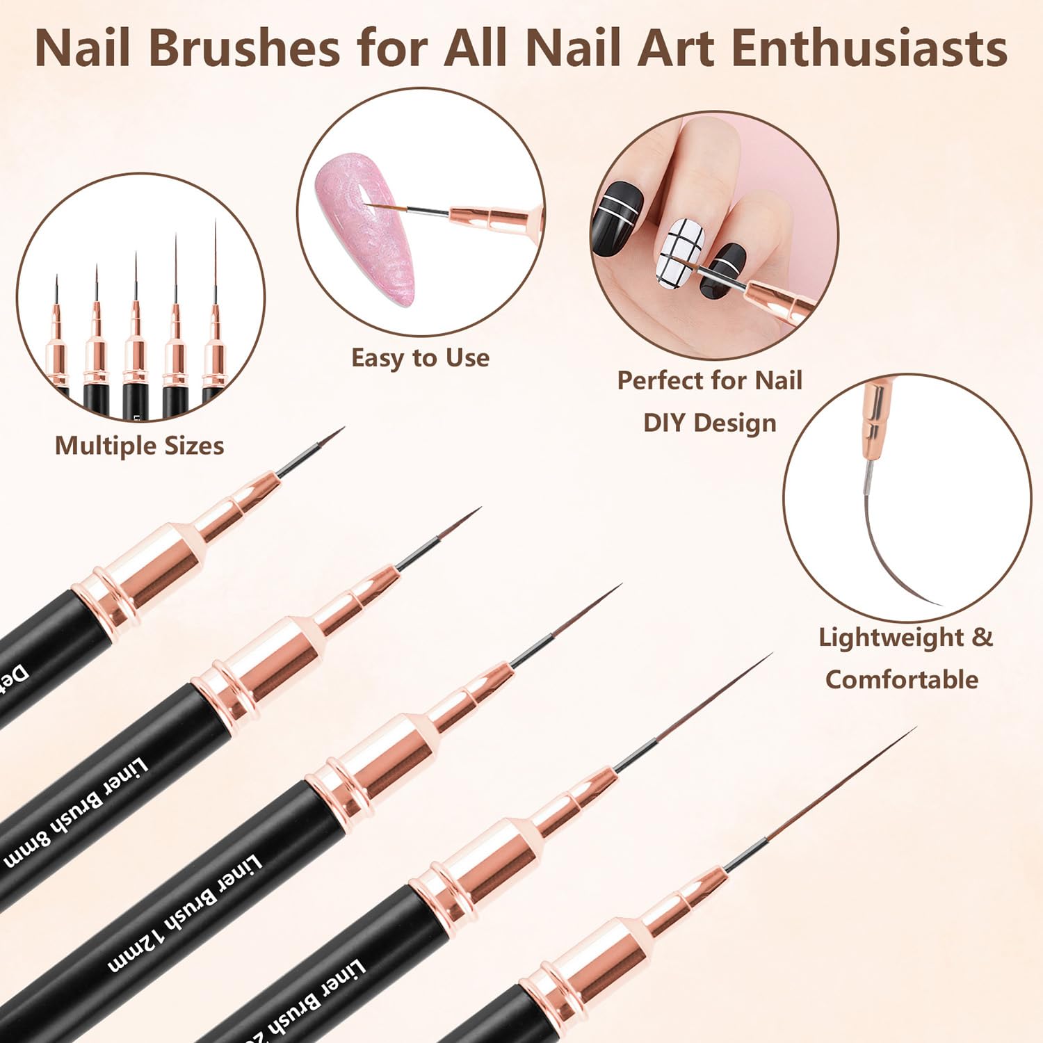 MOXYOY 5Pcs Nail Art Liner Brushes Set - Ultra-Soft Nylon, Metal Handles, 5 Sizes (4mm-25mm) 3