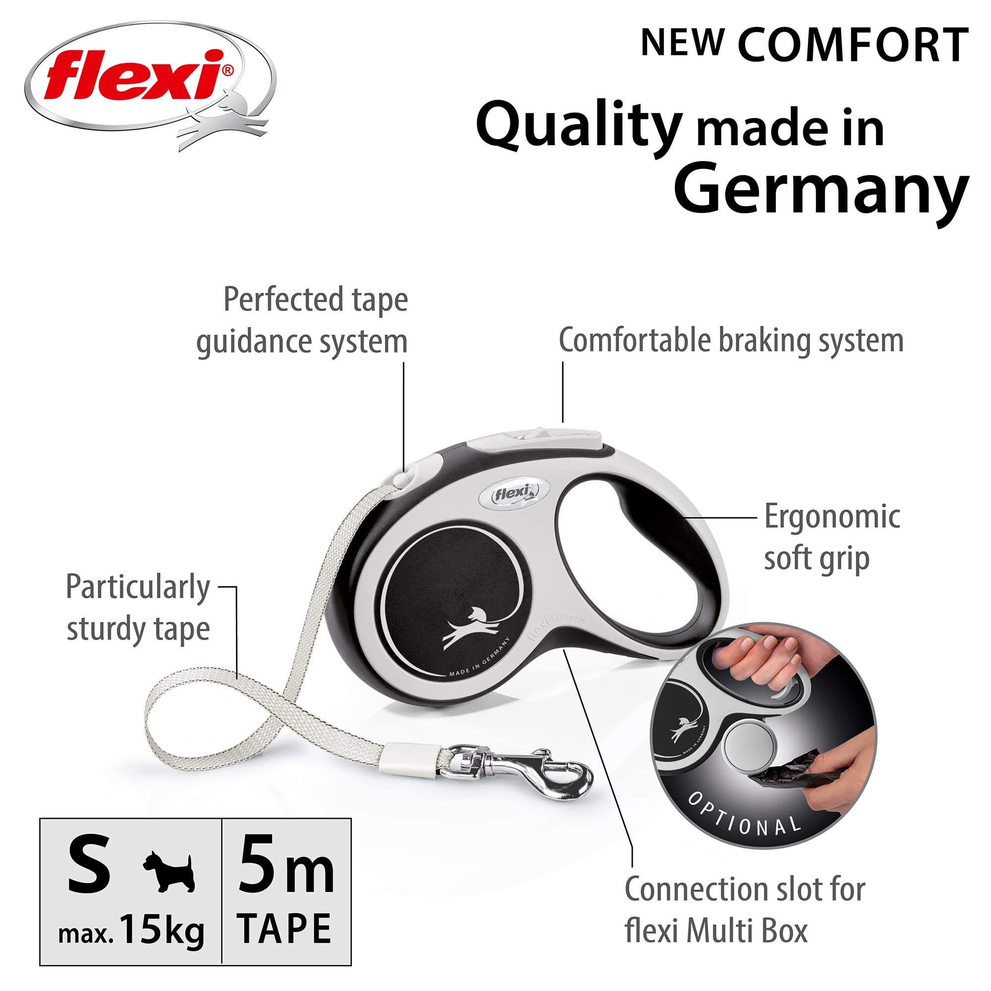 flexi New Comfort S Retractable Dog Leash | 5m Tape | Up to 15kg | Grey & Black
