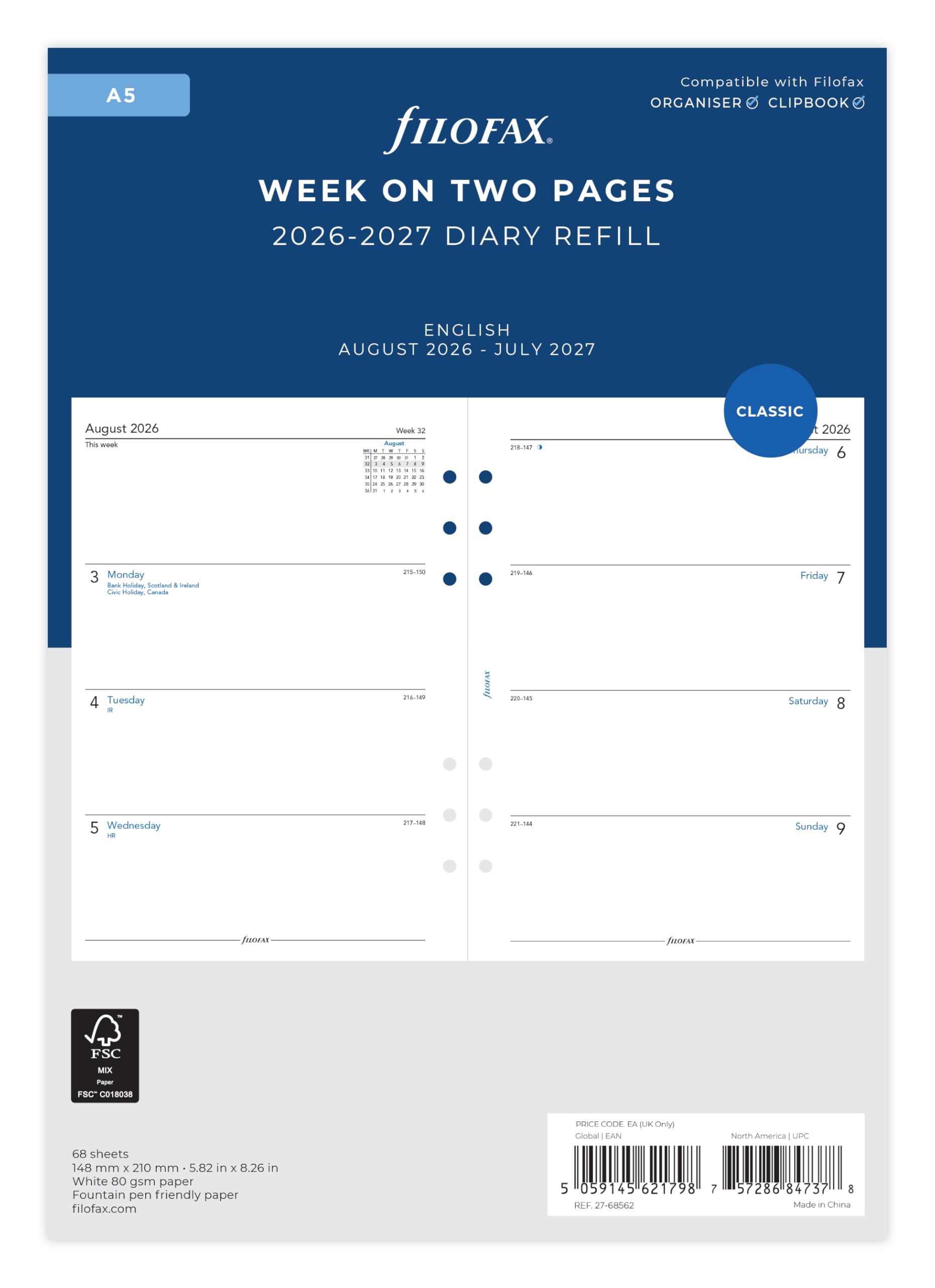 Filofax A5 Personal Organiser Refill - Academic 2026-2027 Diary | Week on Two Pages | August 2026 - July 2027