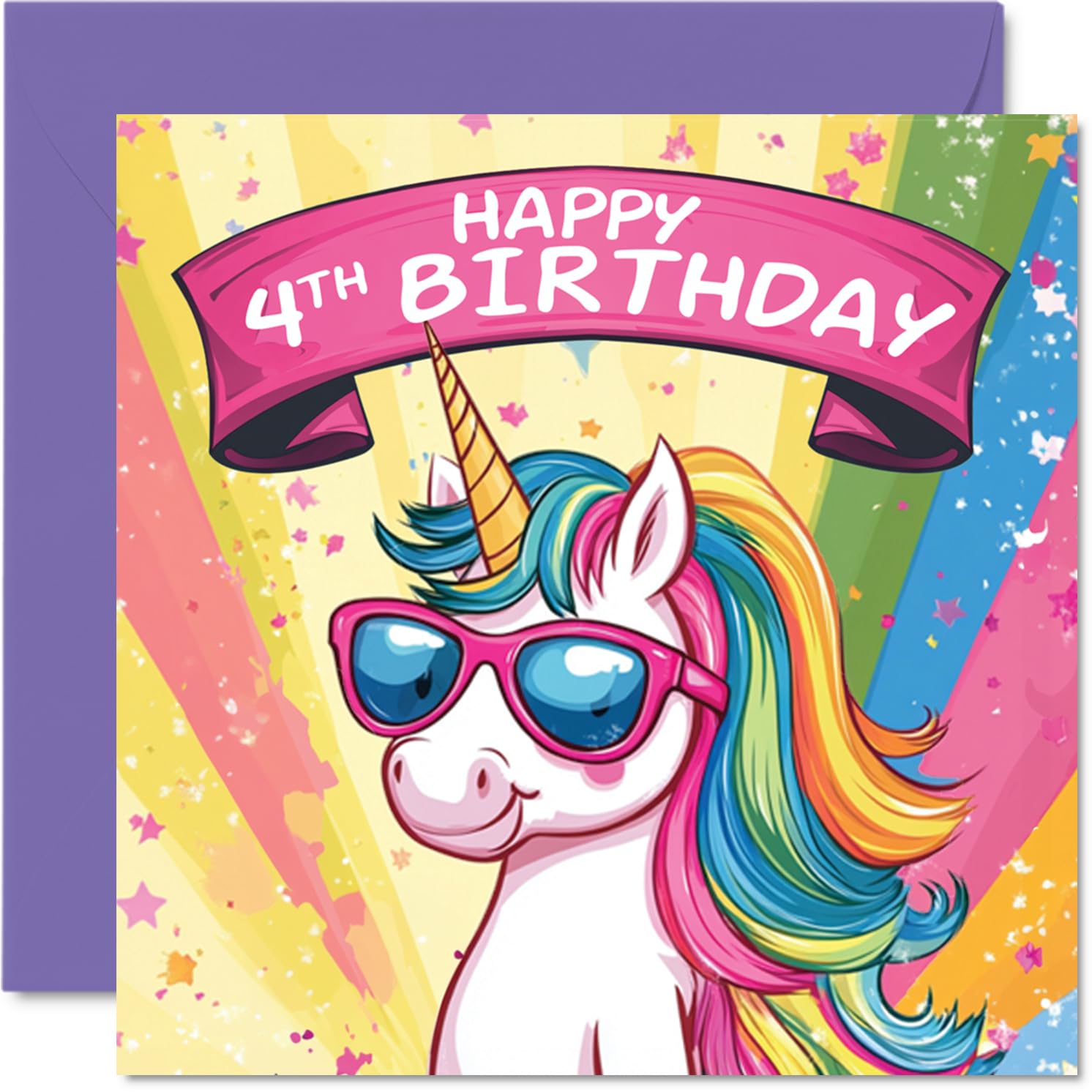 Stuff4 Girls 4th Birthday Card - Cool Unicorn Sunglasses | 145mm x 145mm | 300gsm 1