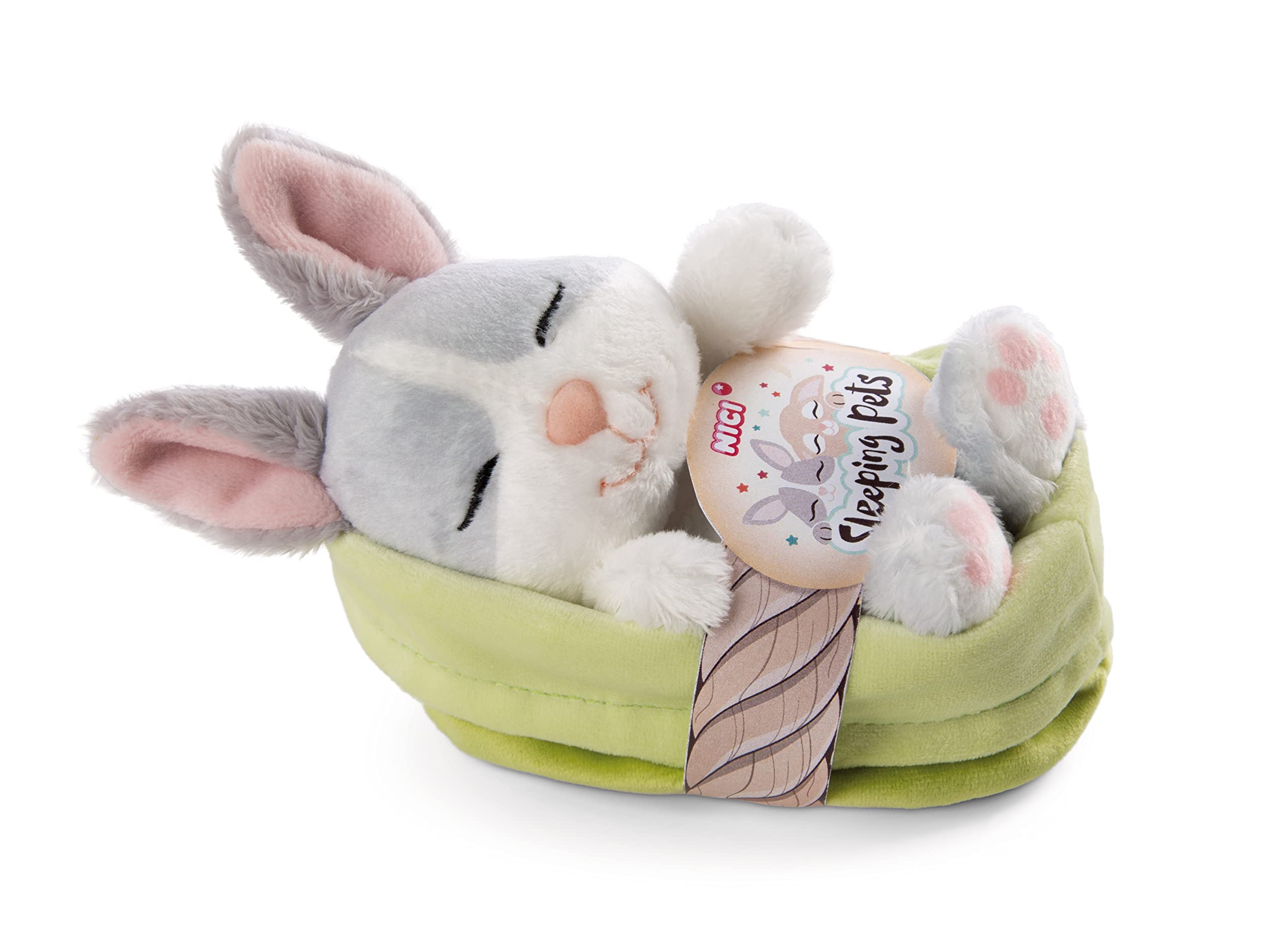 NICI Sleeping Pets Bunny - Soft Plush Toy in Green Basket, 12cm