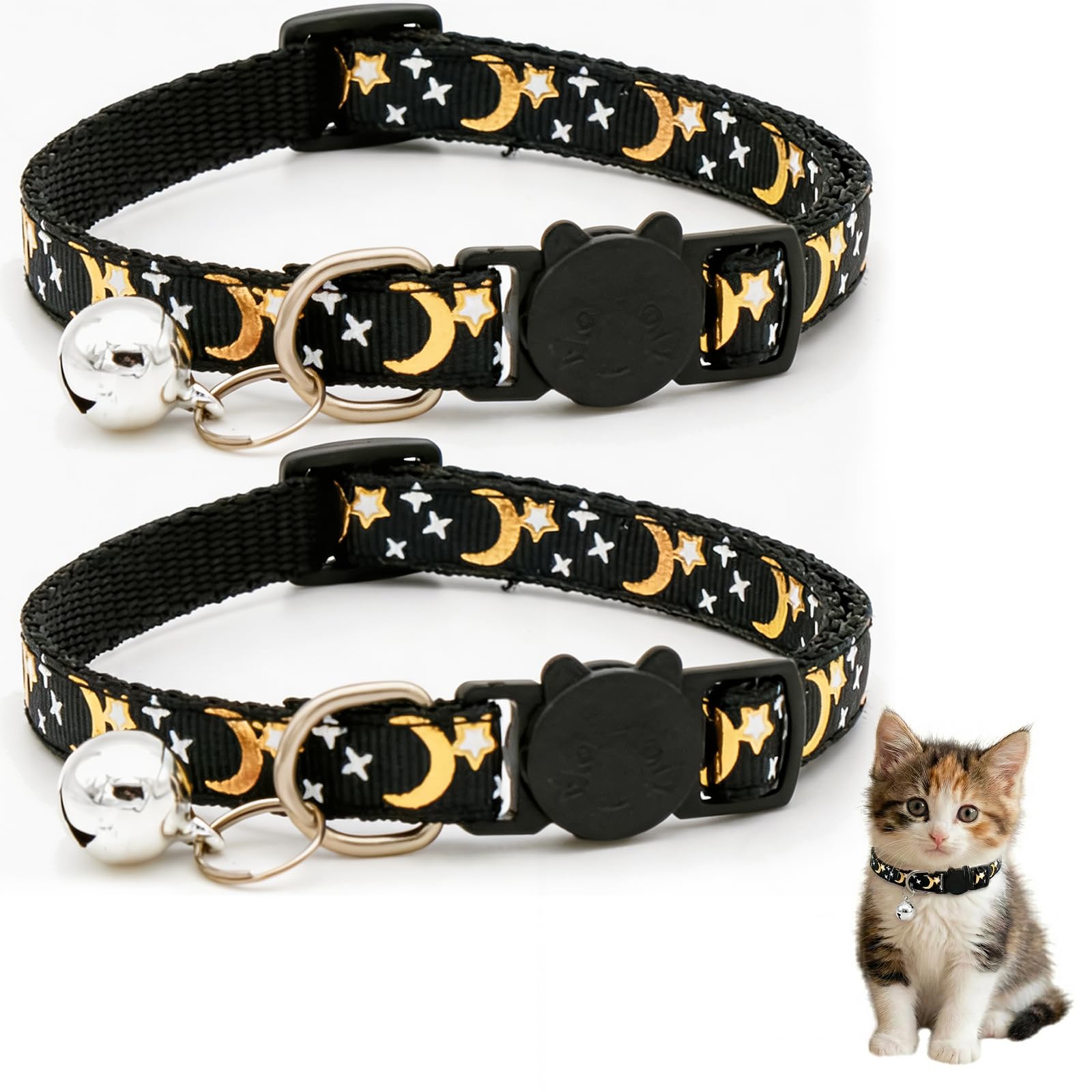 Muexoee Reflective Adjustable Cat Collar with Bell - Moon Star Print, Black, 2 Pack