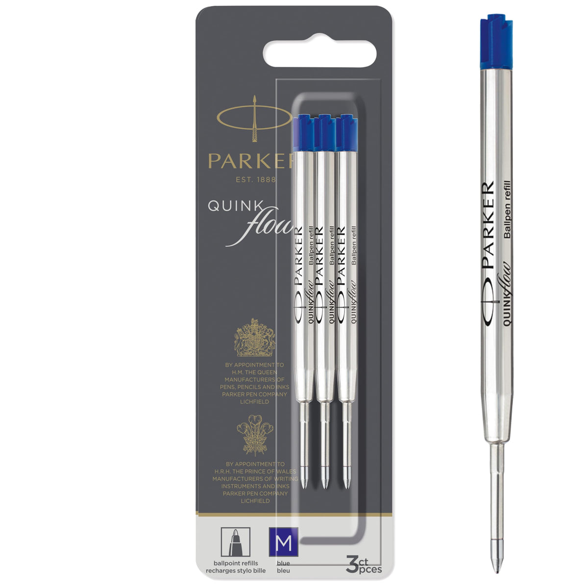 PARKER QUINKflow Ballpoint Pen Refills - Medium Tip, Blue Ink | 3 Count