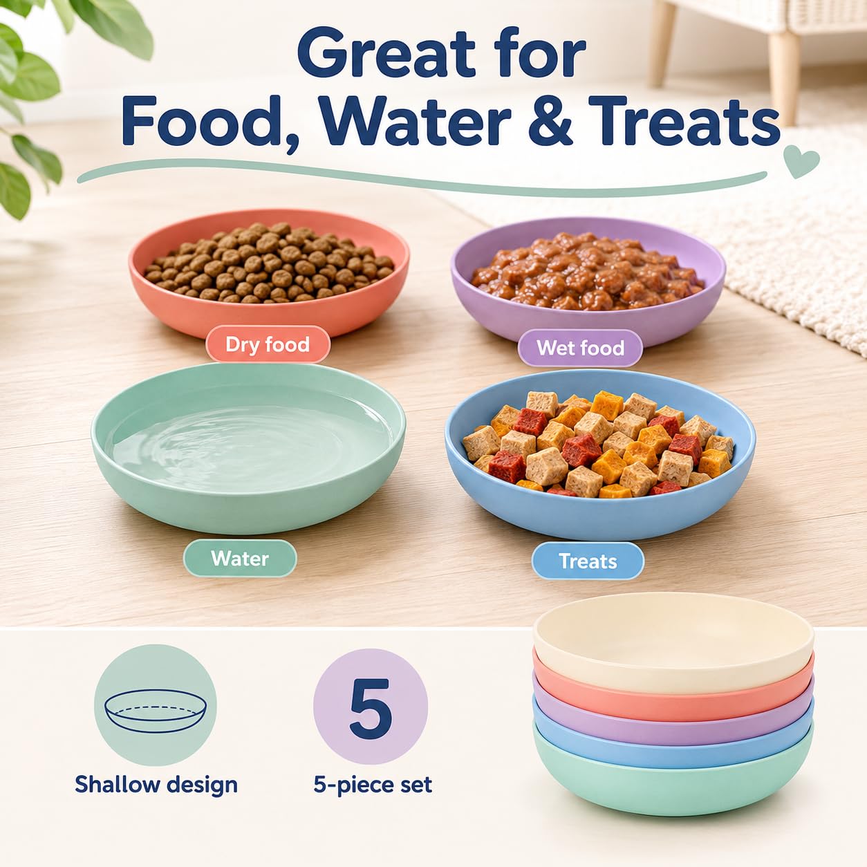 JADUFHU Cat Bowls - 5 Pack, Whisker Friendly, Dishwasher Safe, Multi-Colour 3