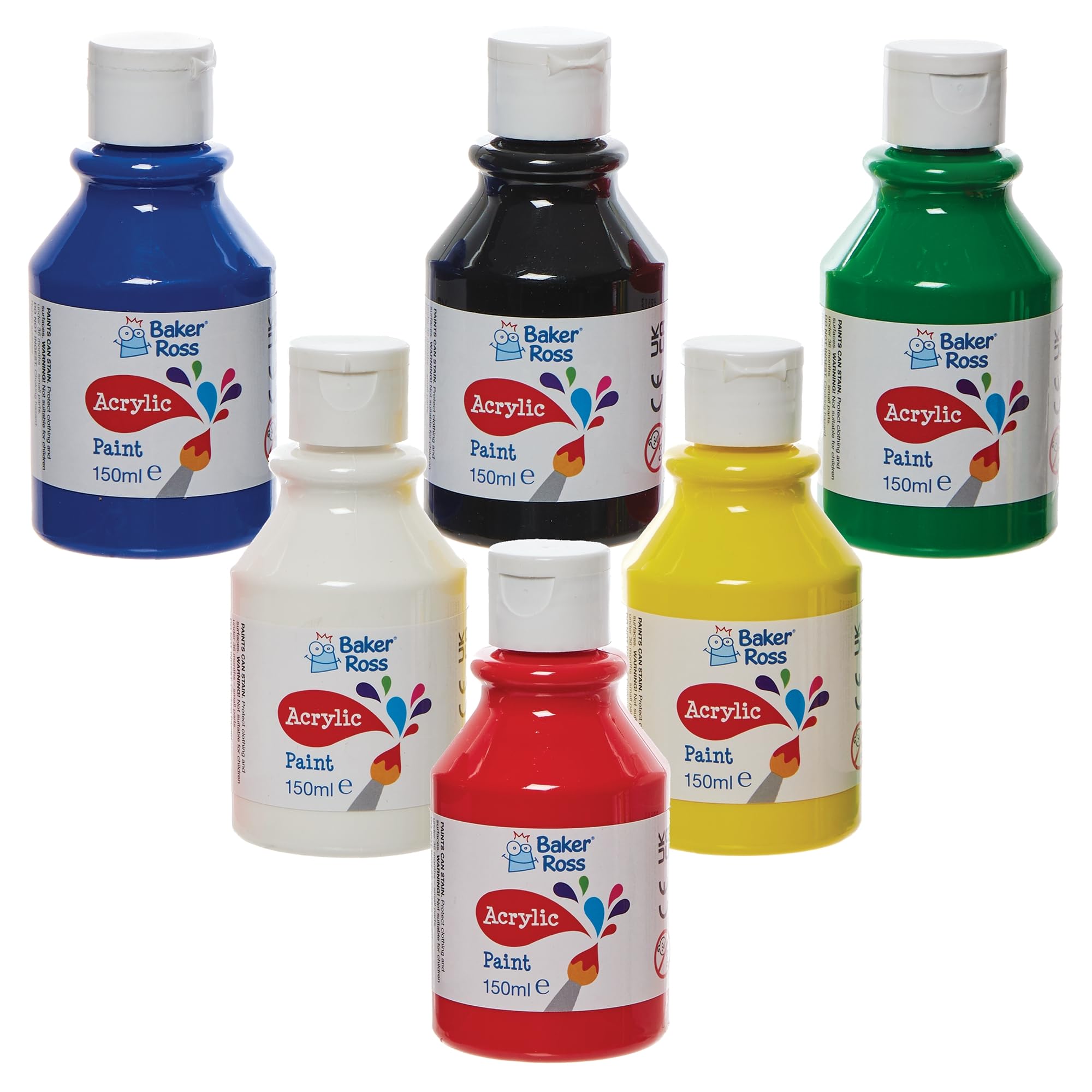 Baker Ross Primary Colours Acrylic Paints - 6 Pack, 150ml Bottles | Water-Based & Washable 1