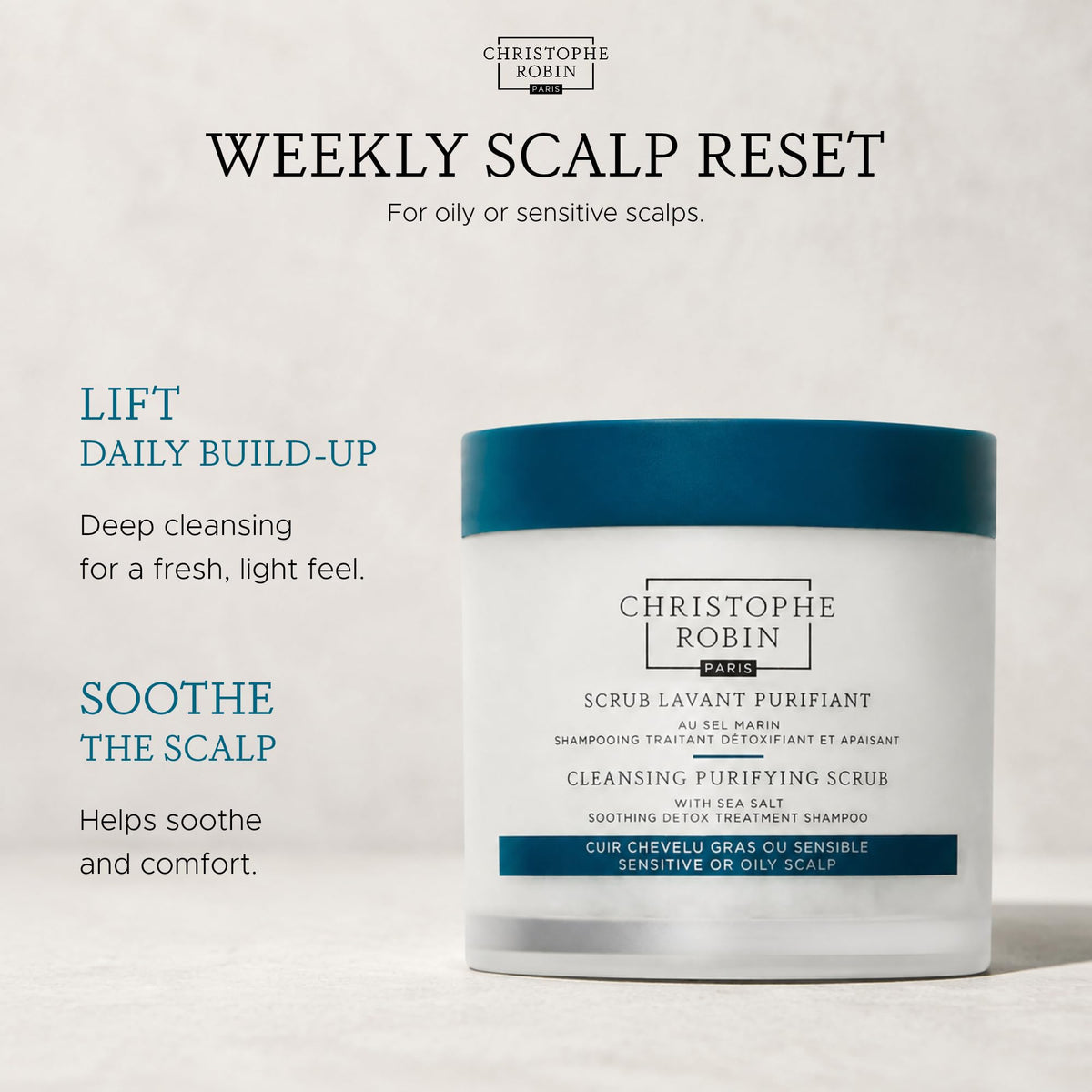Christophe Robin Cleansing Purifying Scalp Scrub with Sea Salt - Exfoliates & Rebalances Scalp - 250ml
