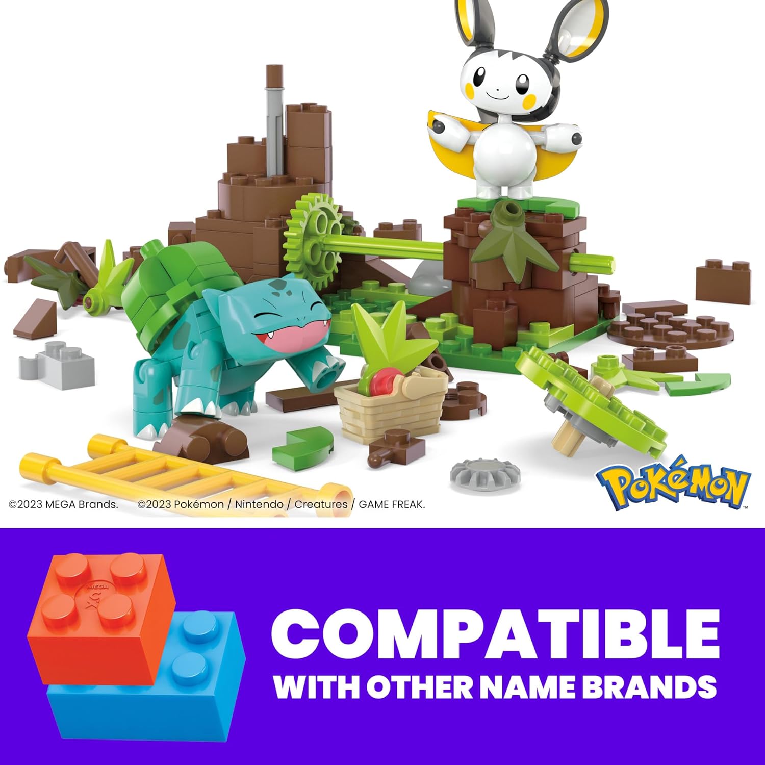 MEGA Pokémon Action Figure Building Toys - Emolga & Bulbasaur's Charming Woods with Motion Brick 3