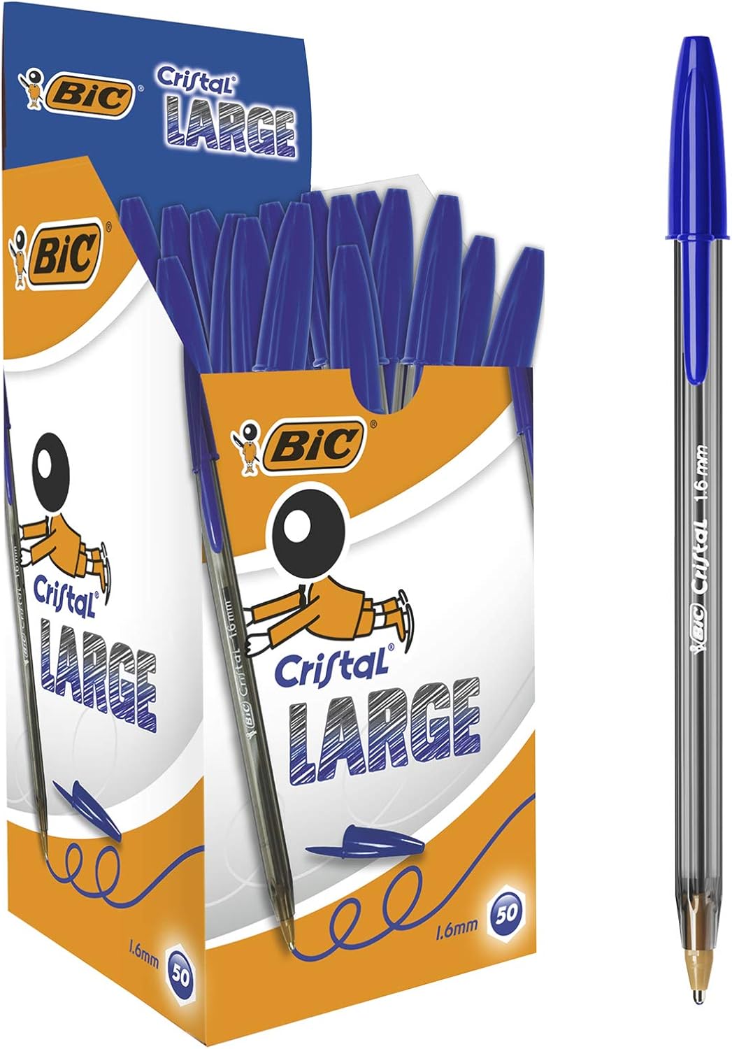 BIC Cristal Large, Wide Point Ball Ballpoint Pens, Smooth Ink Flow, Lightly Smoked Barrel, in Blue, Pack of 50 1