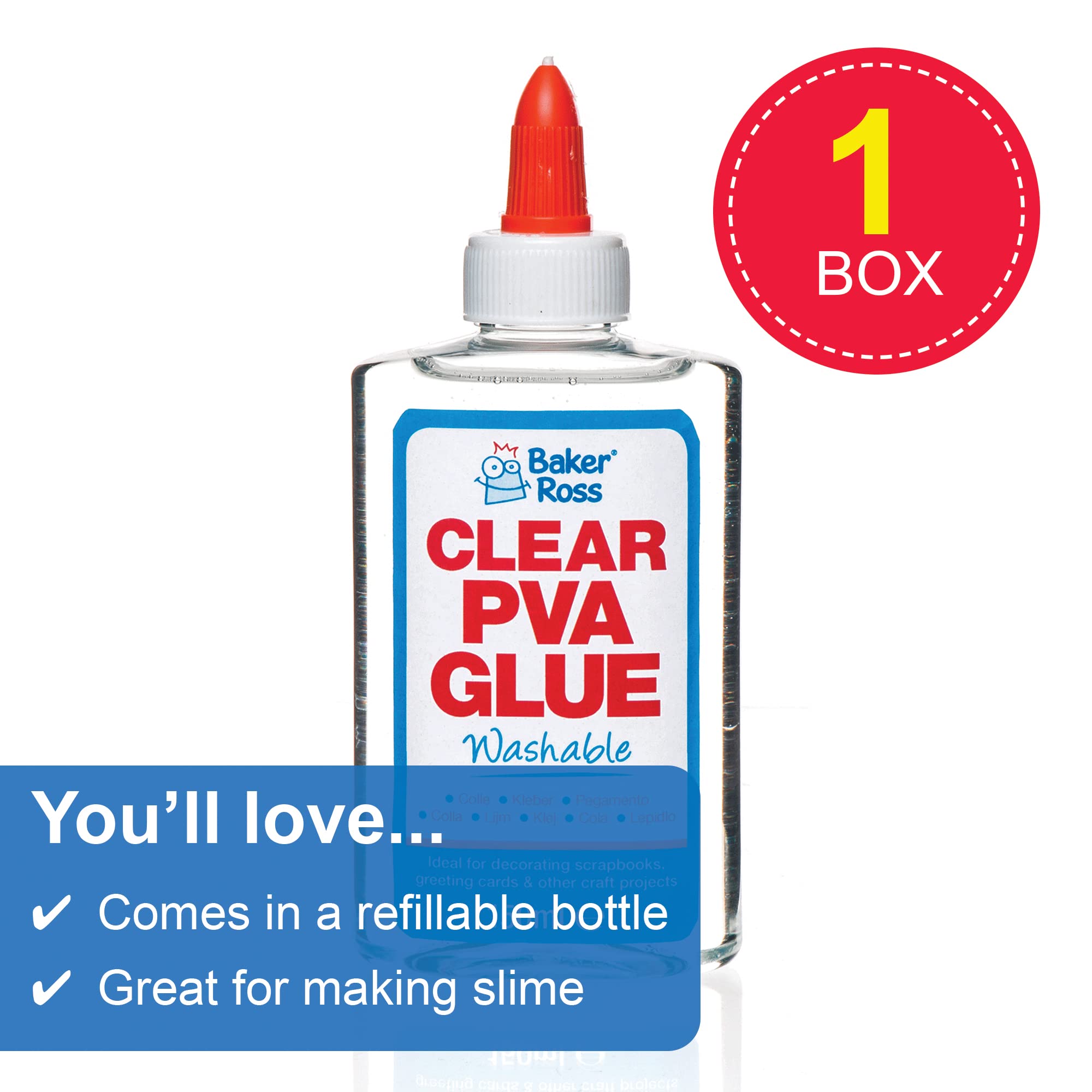 Baker Ross AR533 Clear PVA Glue - 150 ml Washable Liquid Glue for Crafts and Slime