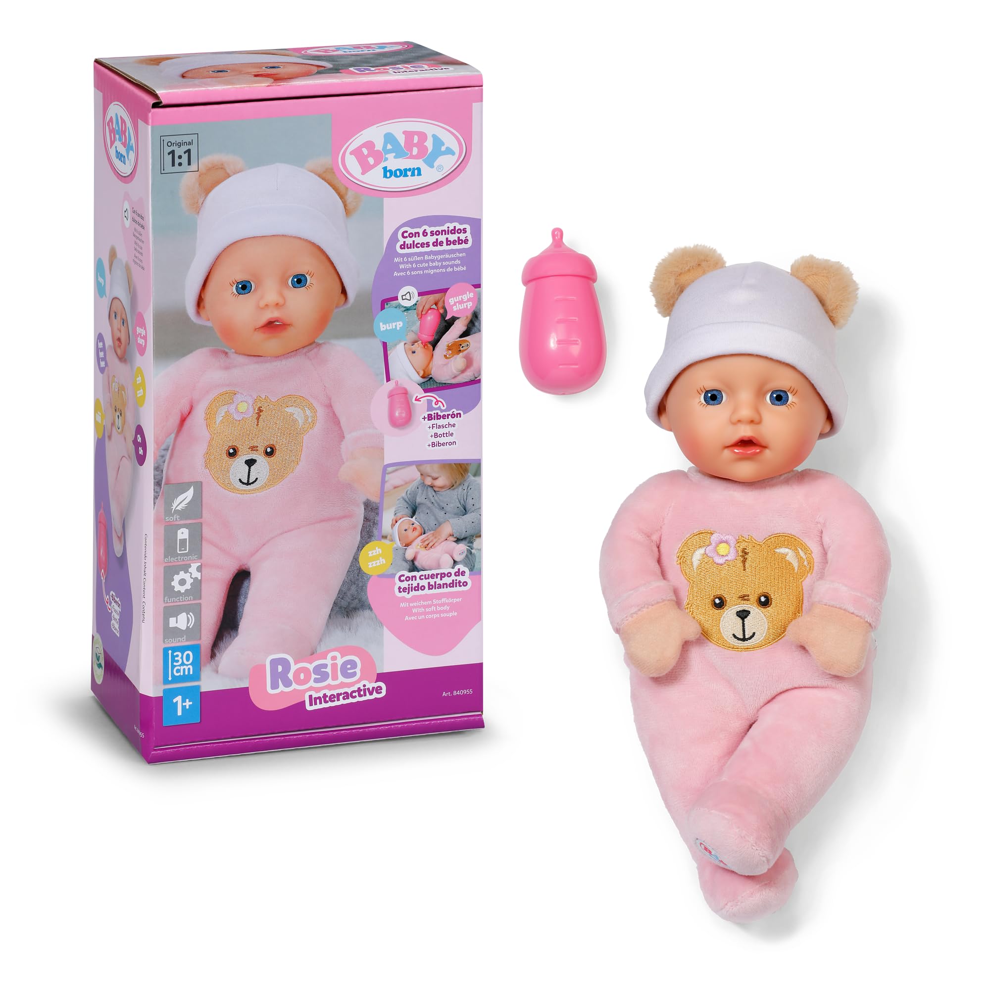BABY born Interactive Rosie 30cm Soft Baby Doll with 6 Sounds & Bottle - Pink