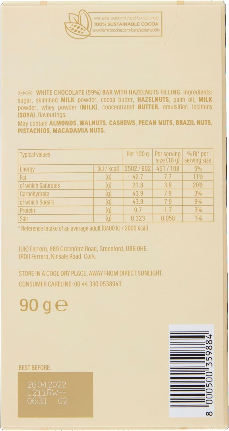 Ferrero Rocher White Chocolate Bar with Crunchy Hazelnuts - Chocolate Gift Snack 90g 6