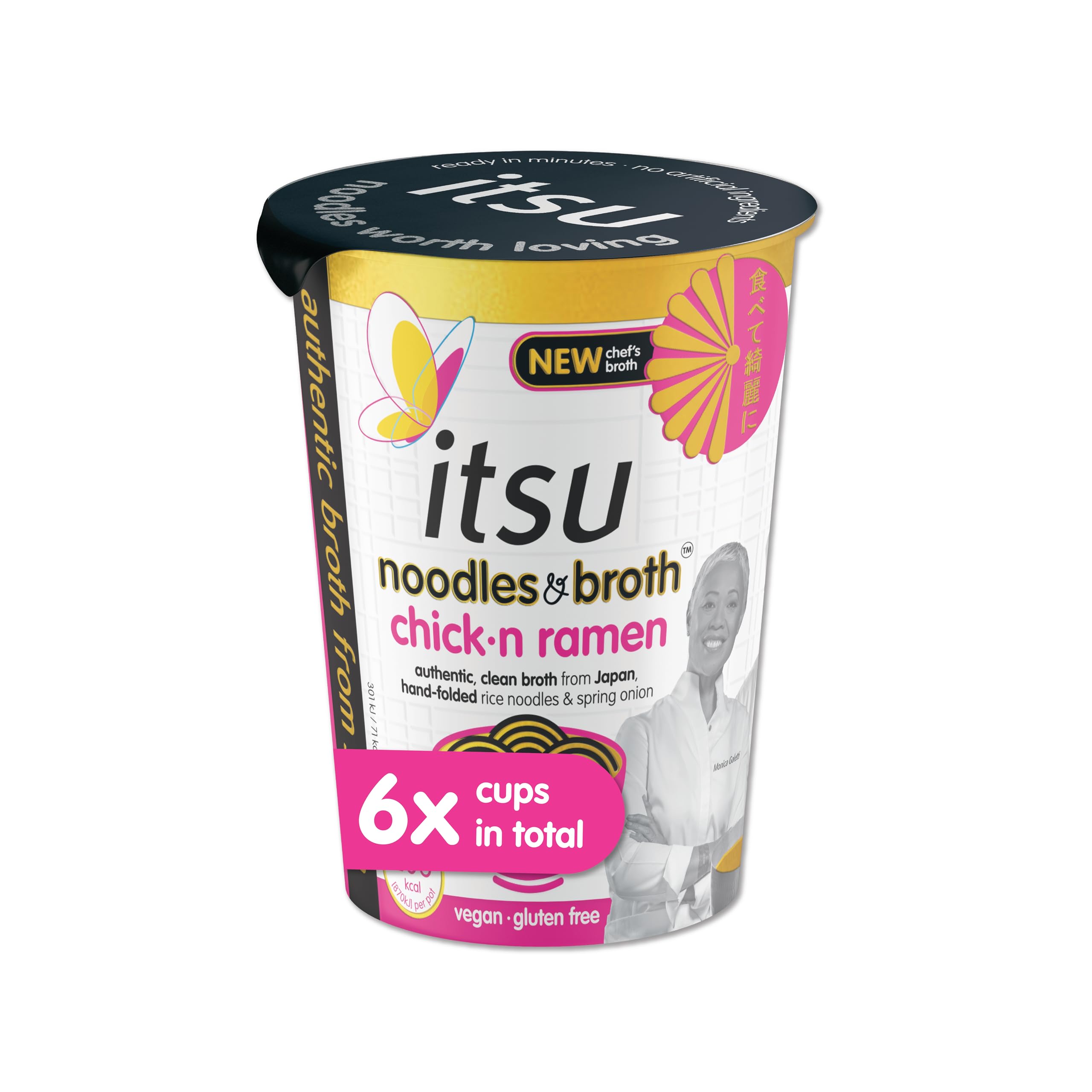 Itsu Chicken Ramen Instantnudeln & Brühe Topf 64 g – 6er-Pack | Glutenfrei | Vegan | Schnell zubereiteter Snack