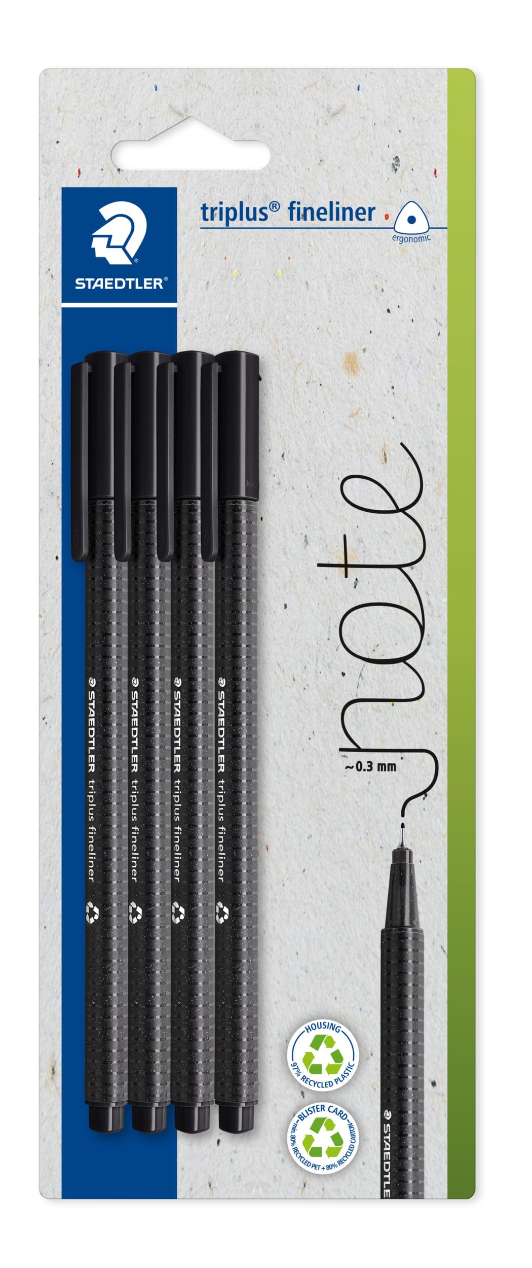 STAEDTLER triplus Fineliner Pens - Black Ink, 0.3mm Fine Tip | Pack of 4 | Recycled Plastic Housing 1