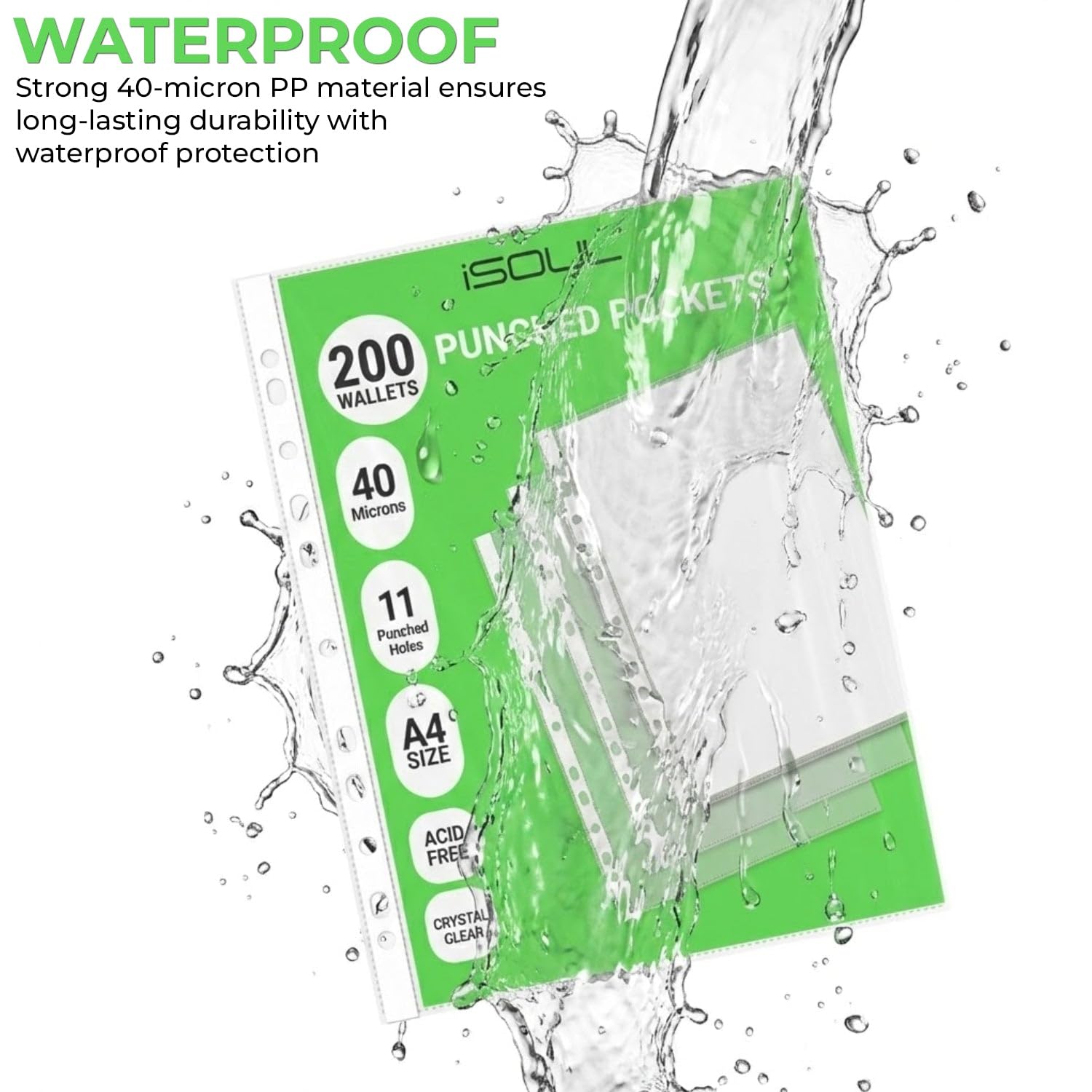 iSOUL A4 Plastic File Pockets - 100 Pack Heavy Duty 40 Micron with 11 Reinforced Holes | Crystal Clear 4