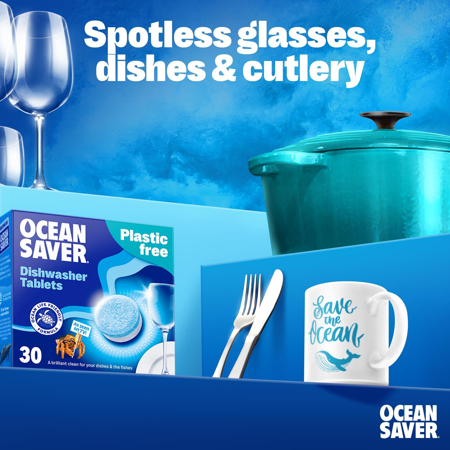 OceanSaver Eco-Friendly Dishwasher Tablets - 100 Pack | Plastic-Free, Non-Toxic Cleaning 10