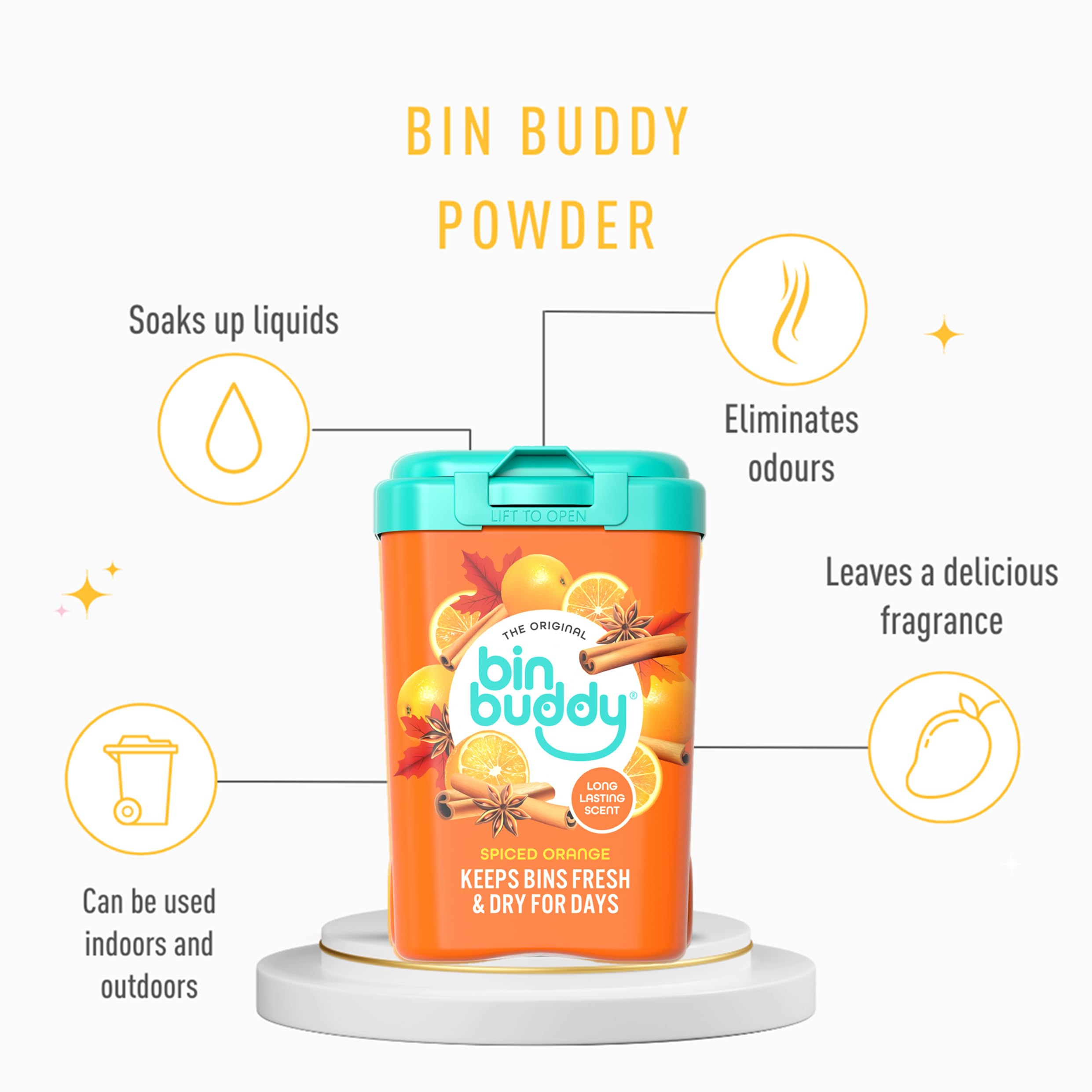 Bin Buddy Spiced Orange Air Freshener Powder - Absorbs Mess | Lasts for Days | 3 Pack 6