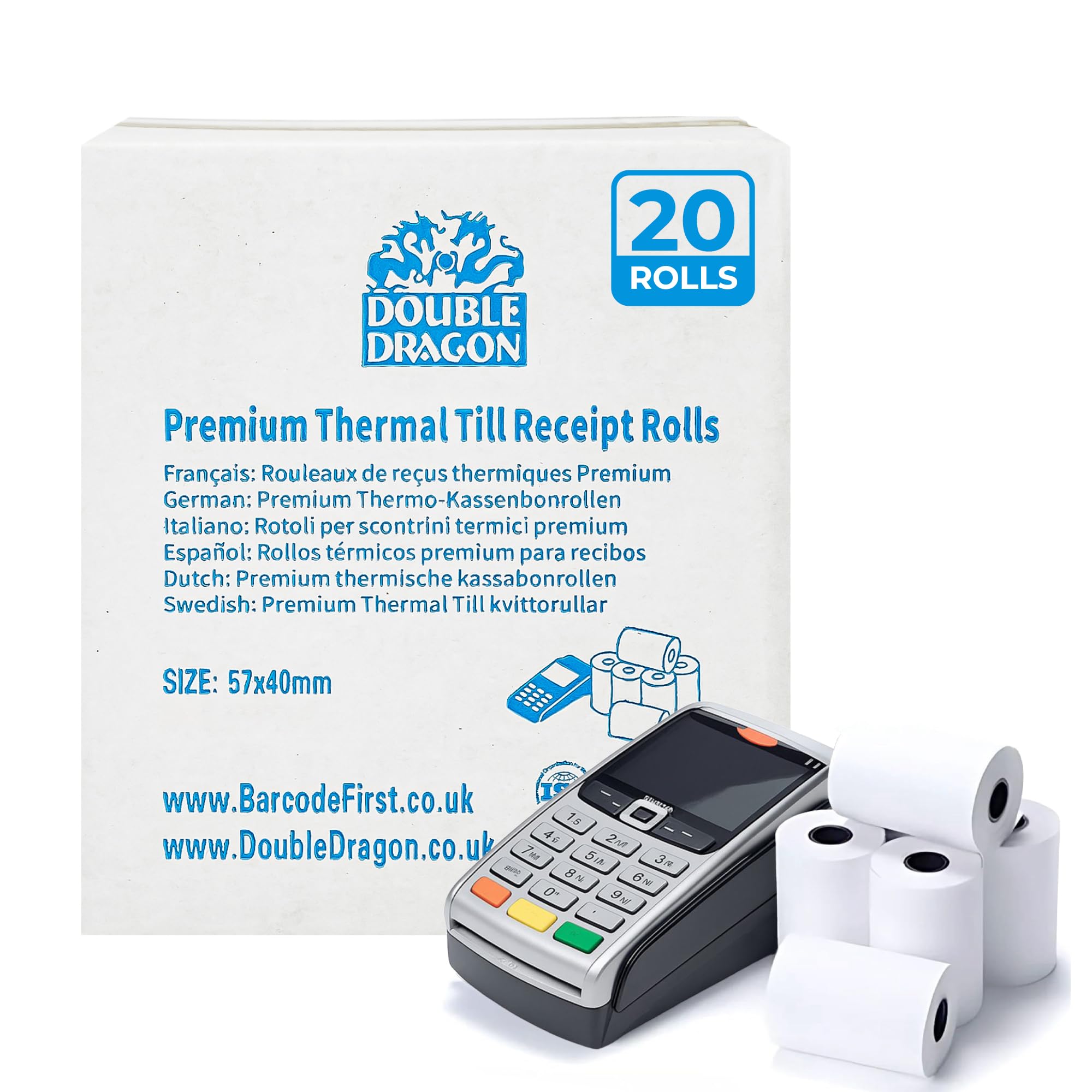 Double Dragon Thermal Receipt Paper Rolls - 20 Pack, 57 x 40mm for Credit Card PDQ Machines 1