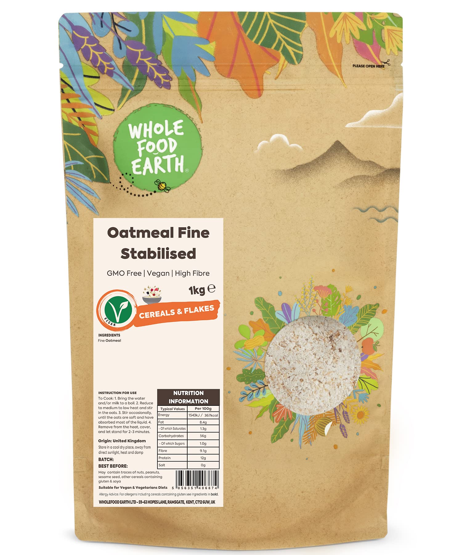 Wholefood Earth Fine Stabilised Oatmeal - 1kg Bag | High Fibre | GMO Free