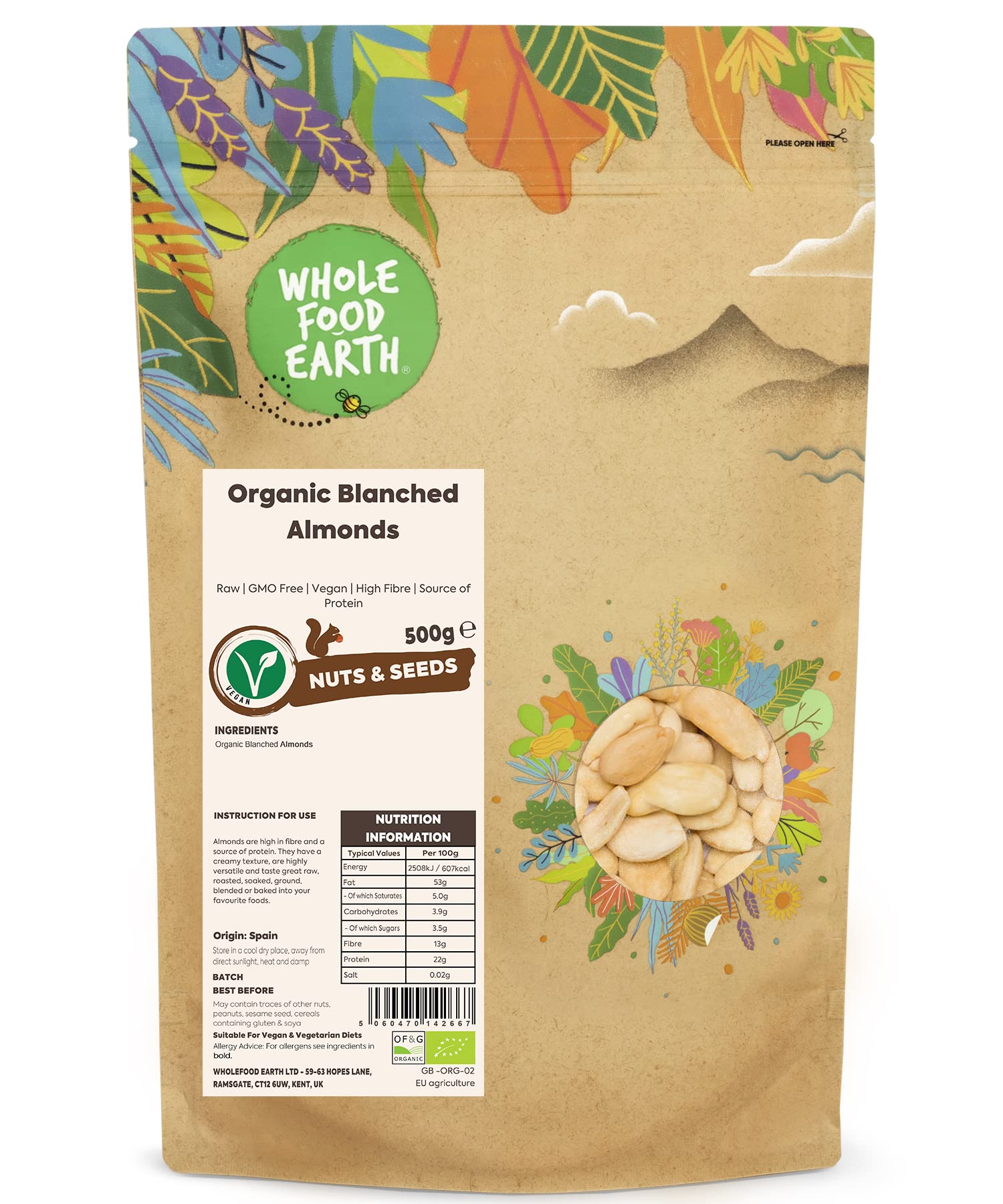 Organic Blanched Almonds 500g | Raw | GMO Free | Vegan | Certified Organic by Wholefood Earth