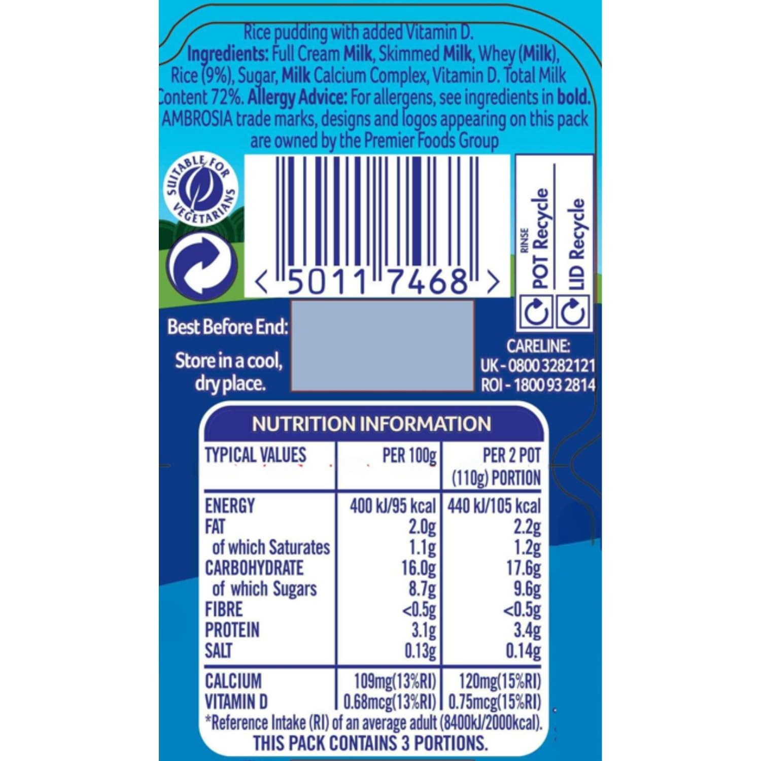 Ambrosia My Mini Rice Pudding Pots with Added Calcium & Vitamin D - Pack of 6 (55g Pots)