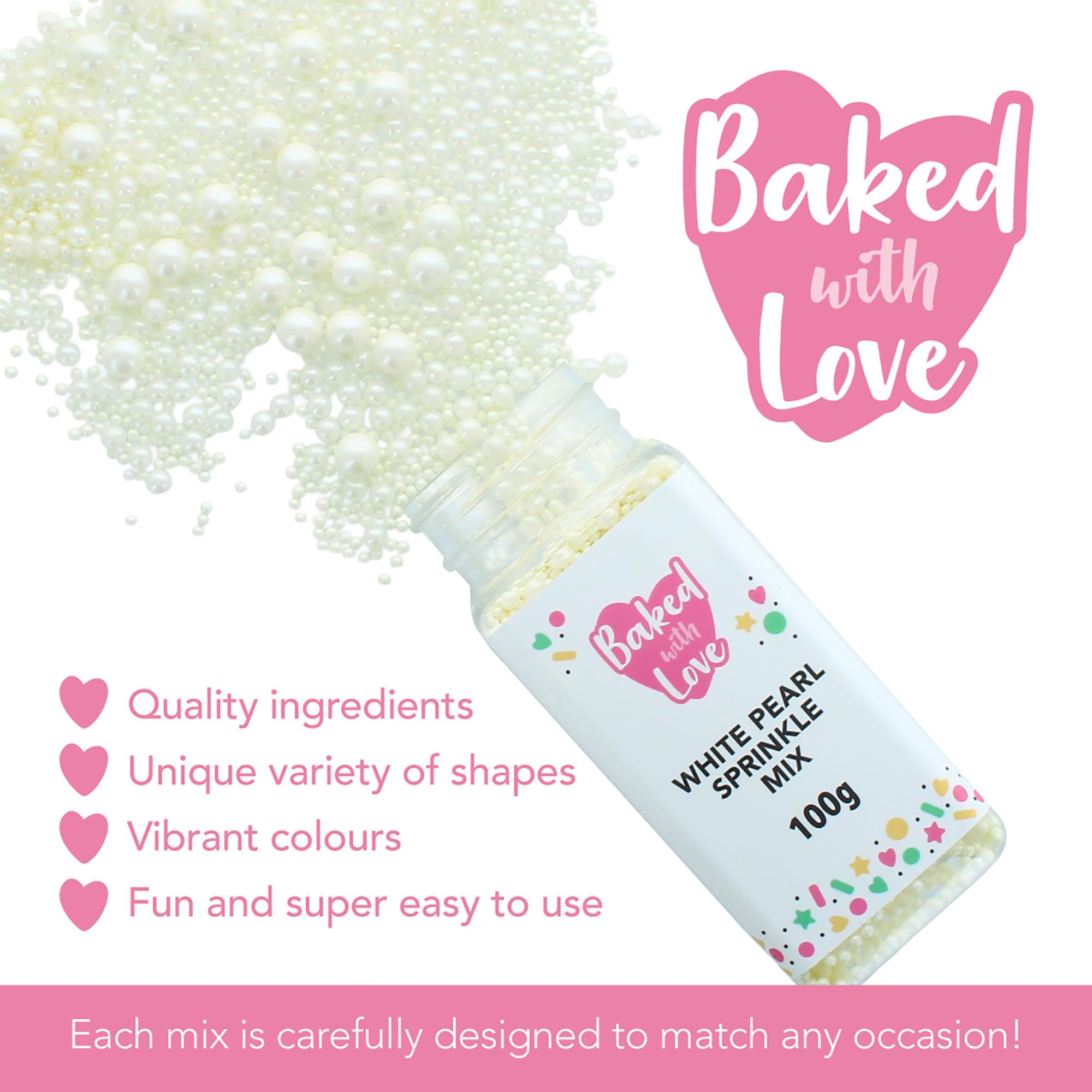 Baked with Love White Pearl Sprinkles - Mother of Pearl Sugar Balls | 100g Resealable Bottle 2