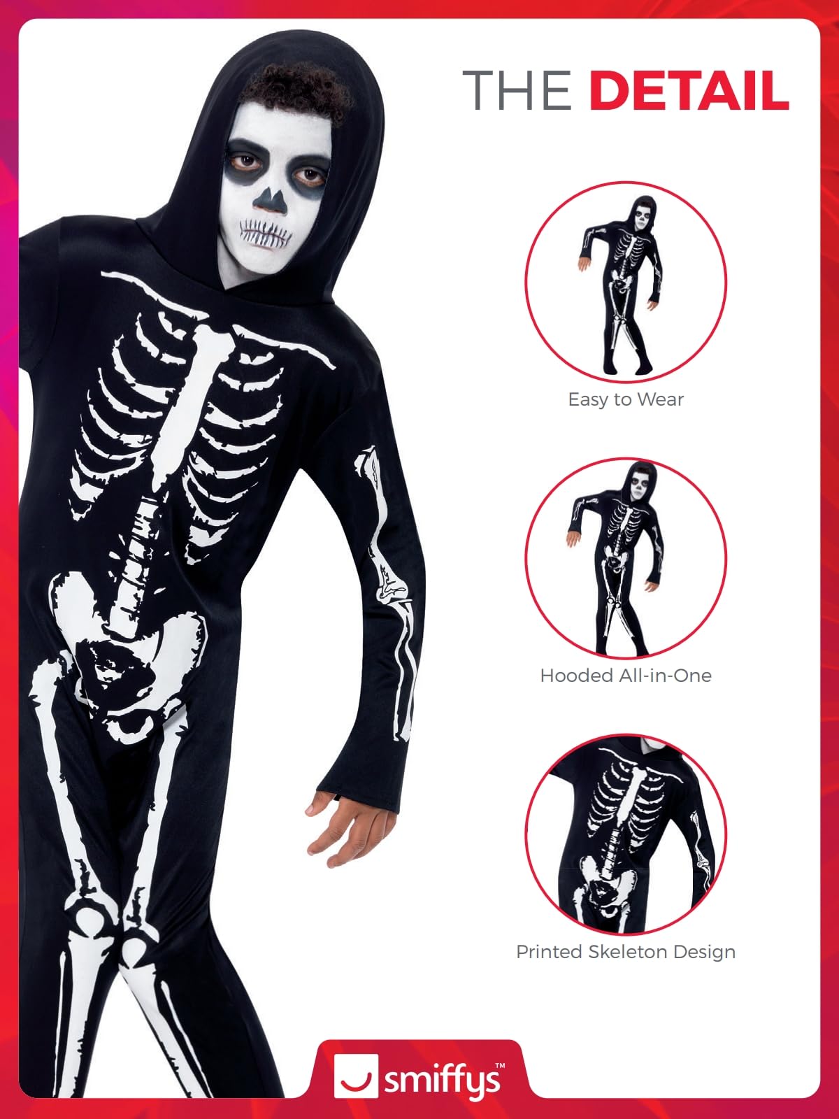 Smiffys Skeleton Costume - All in One Jumpsuit with Hood, Size S 8