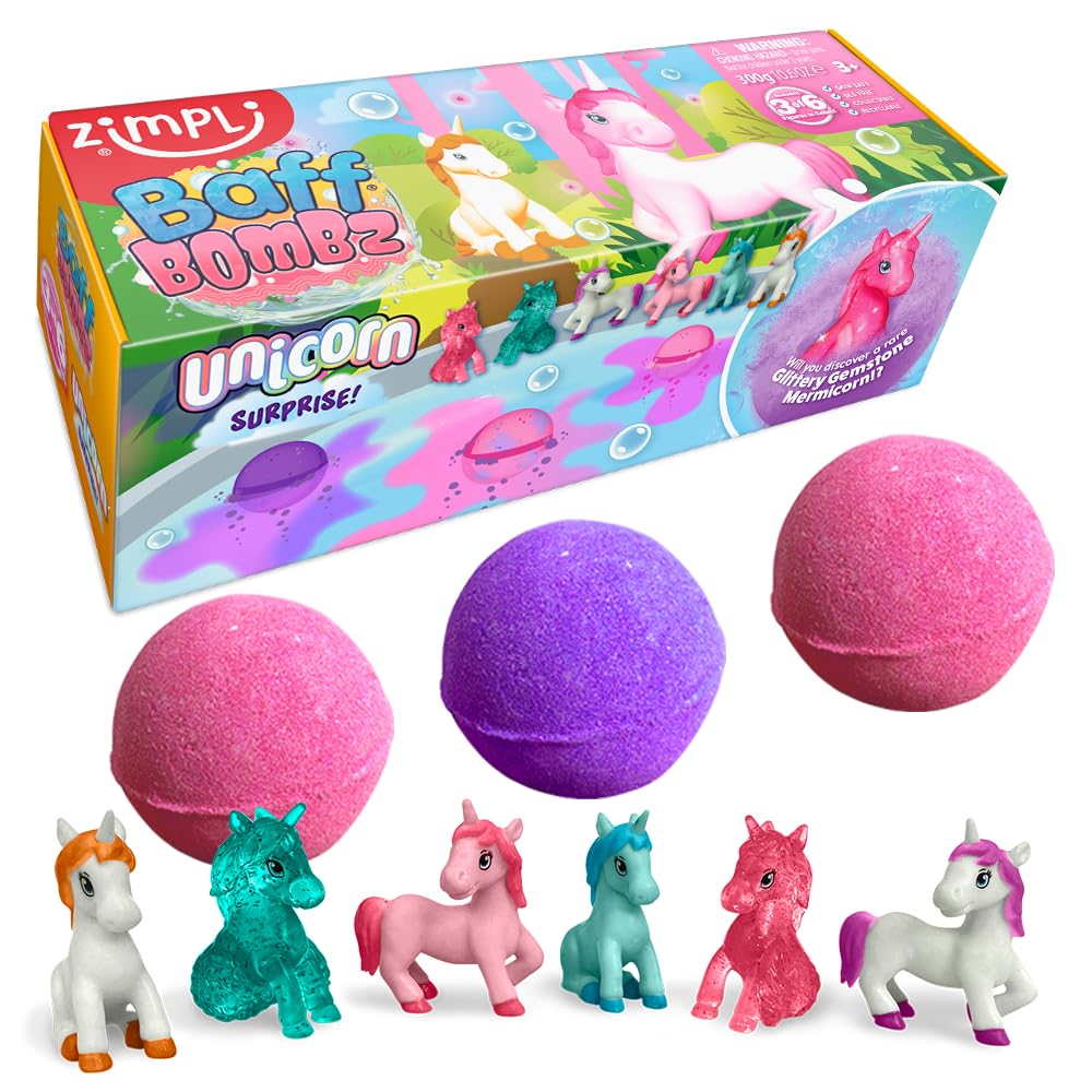 ZIMPLI Unicorn Surprise Bath Bombs - 3 Pack, Fruity Scent, Includes Collectible Toy 1