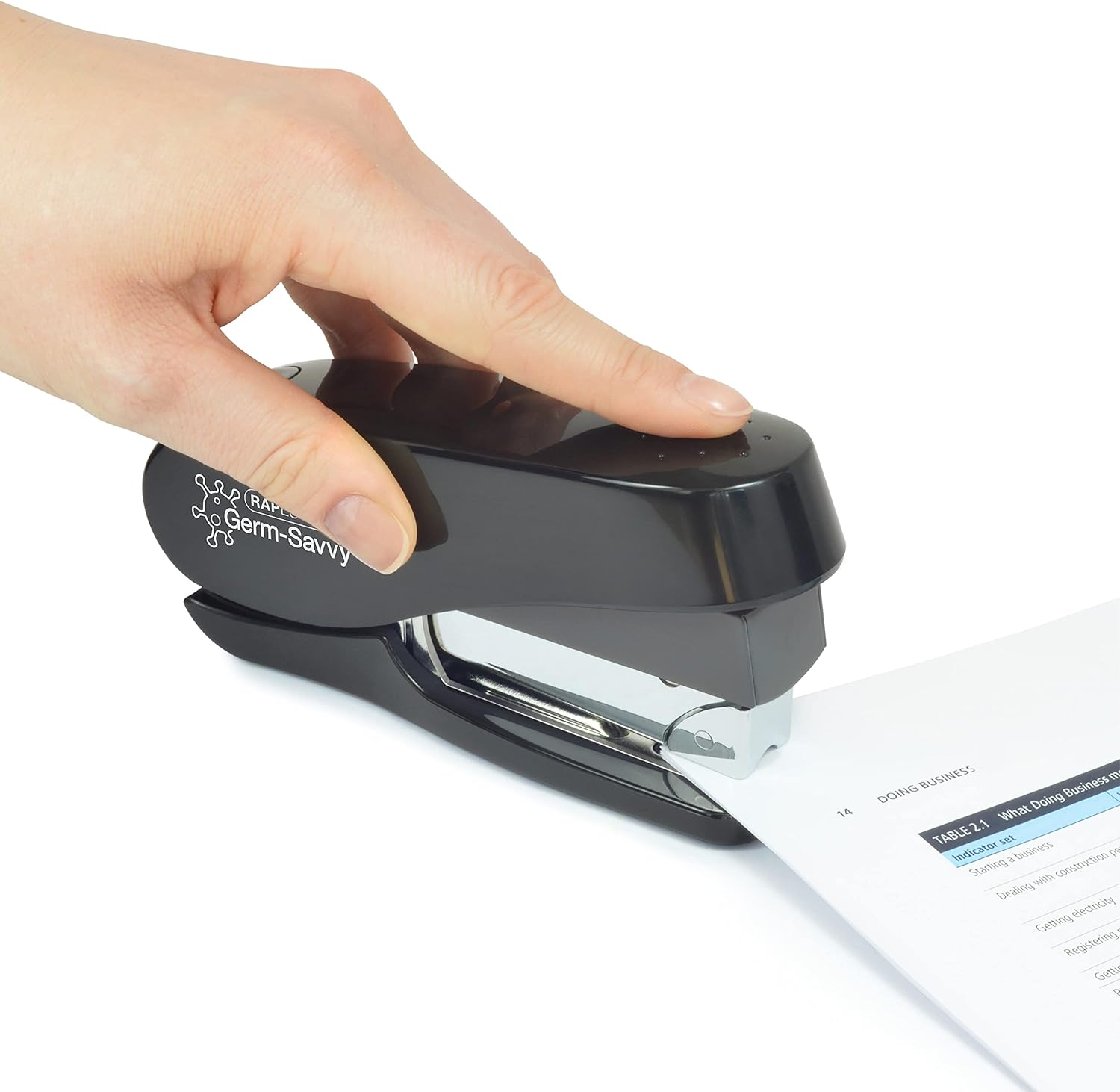 Rapesco 1466 Germ-Savvy Antibacterial, Luna-Less Effort ECO Front Loading Stapler & 2,000 Staples, Black 5