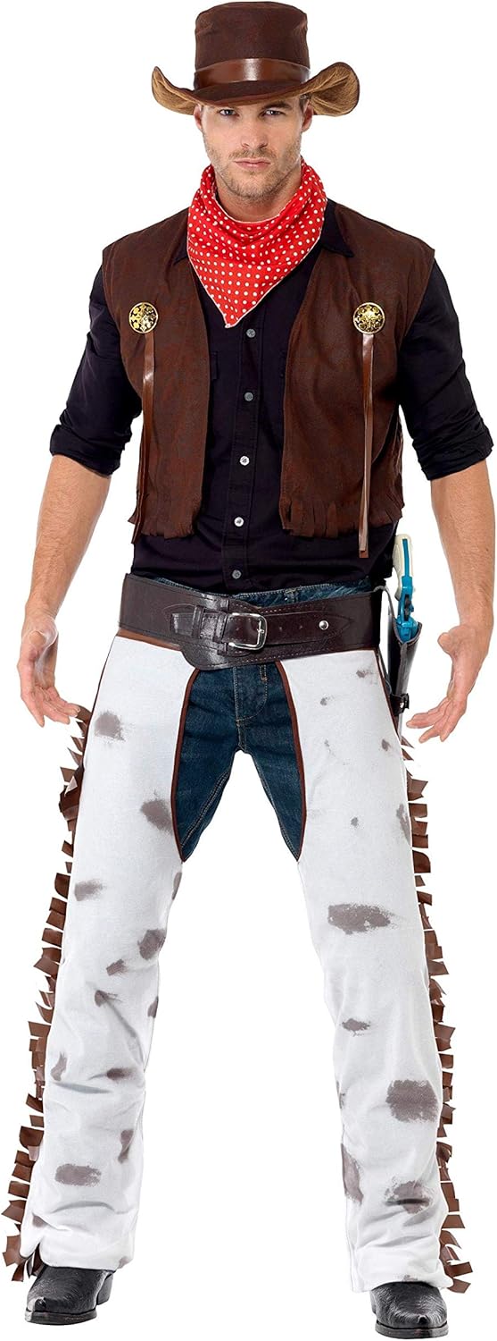 Smiffys Adult Men's Cowboy Costume - Western Outfit with Waistcoat, Chaps, Scarf & Hat (Size M, Model 20471)