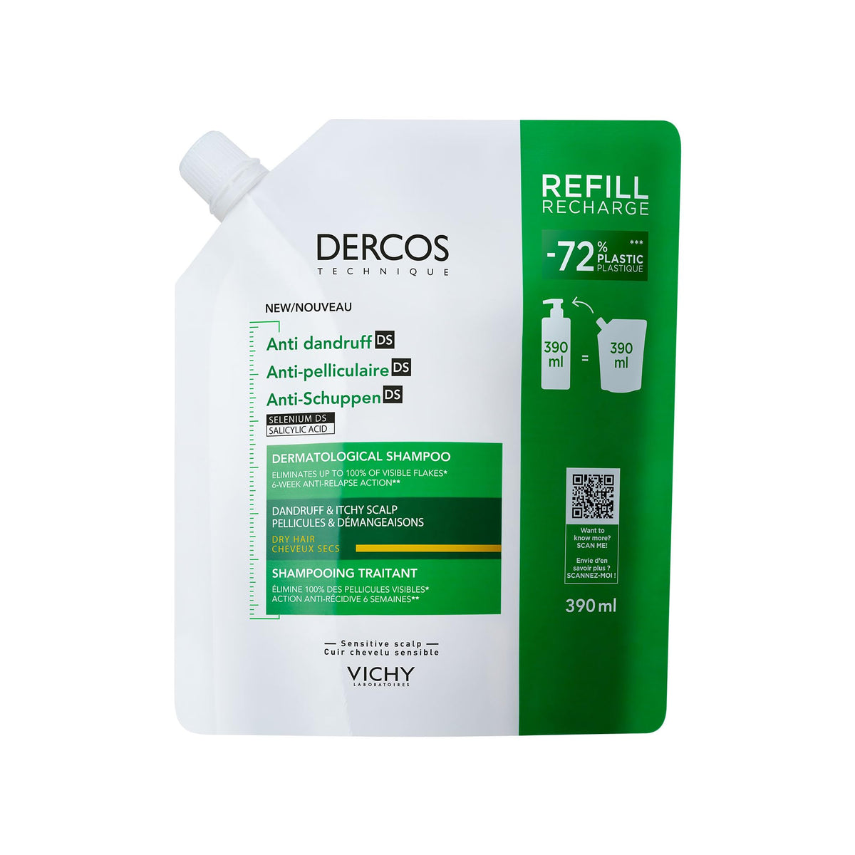 VICHY Dercos Anti-Dandruff Shampoo for Dry Hair - Removes Visible Flakes, Soothes Scalp, 390 ml