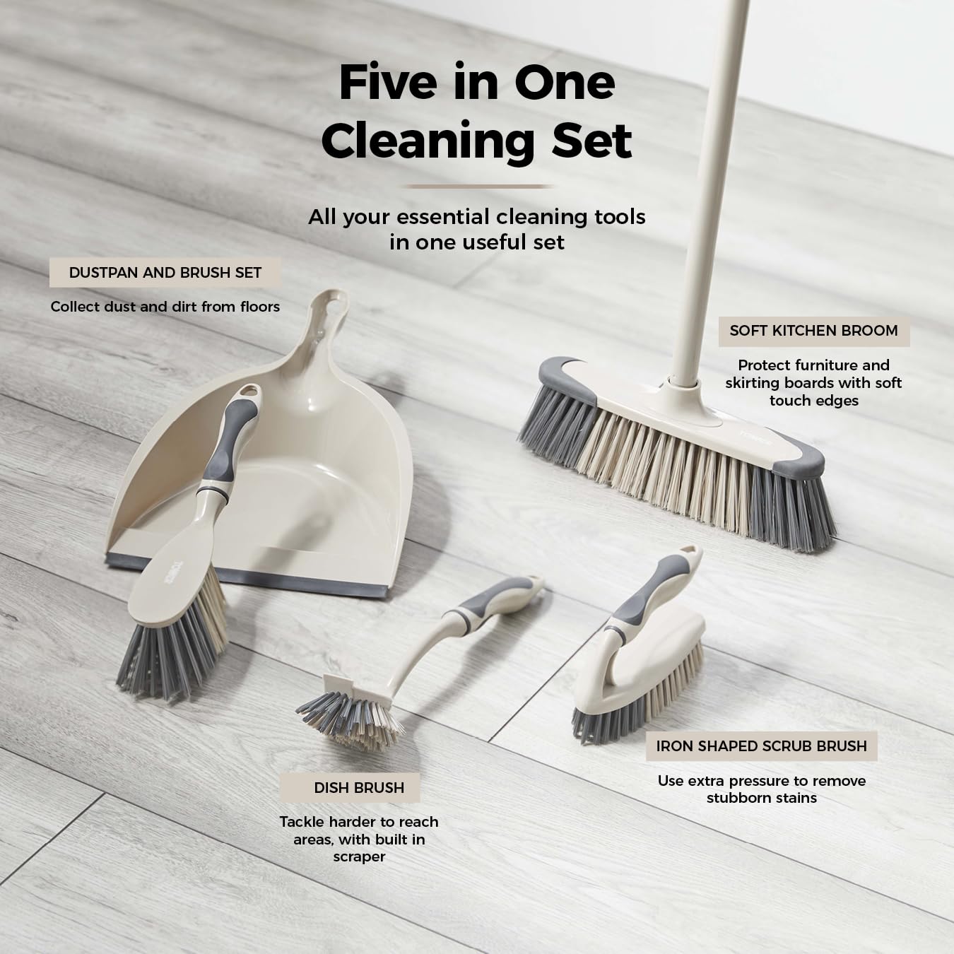 Tower T769002MSH 5-in-1 Cleaning Set with Dust Pan, Brush, Kitchen Broom, Dish Brush & Scrub Brush 12
