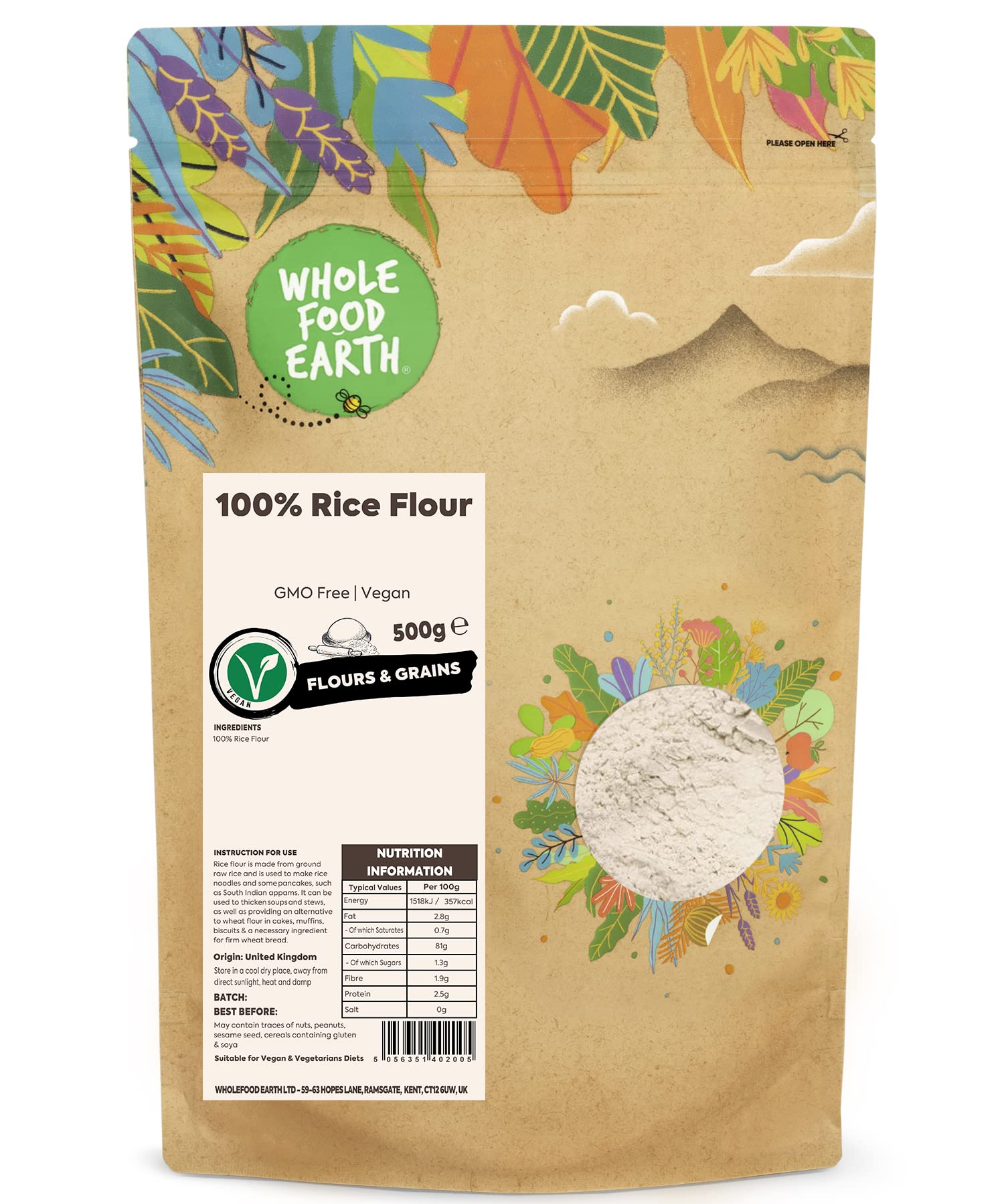 Wholefood Earth 100% Rice Flour - GMO Free, Vegan Baking Ingredient | 500g