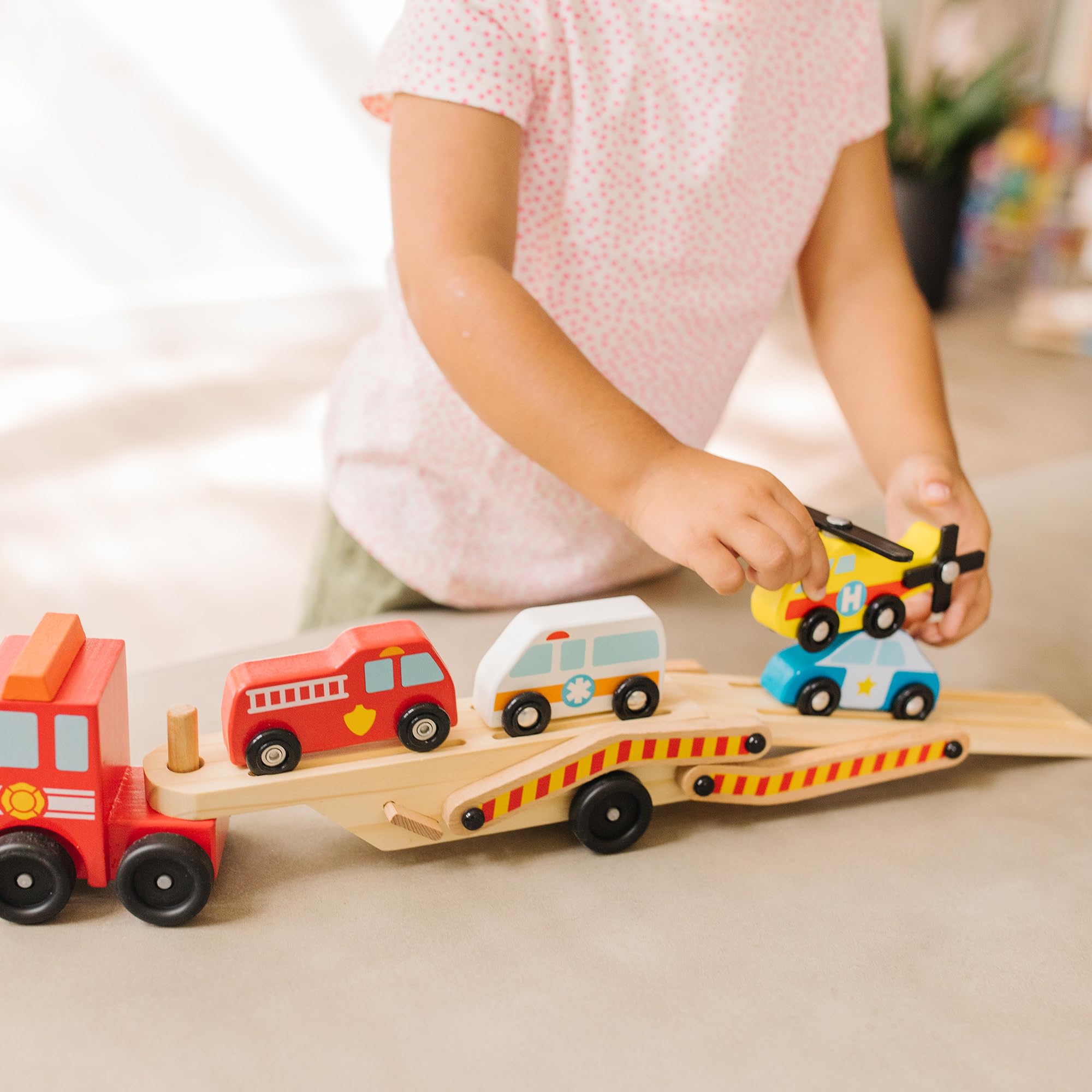Melissa & Doug Wooden Emergency Vehicle Carrier Toy with 4 Magnetic Vehicles | Ages 3+ 2