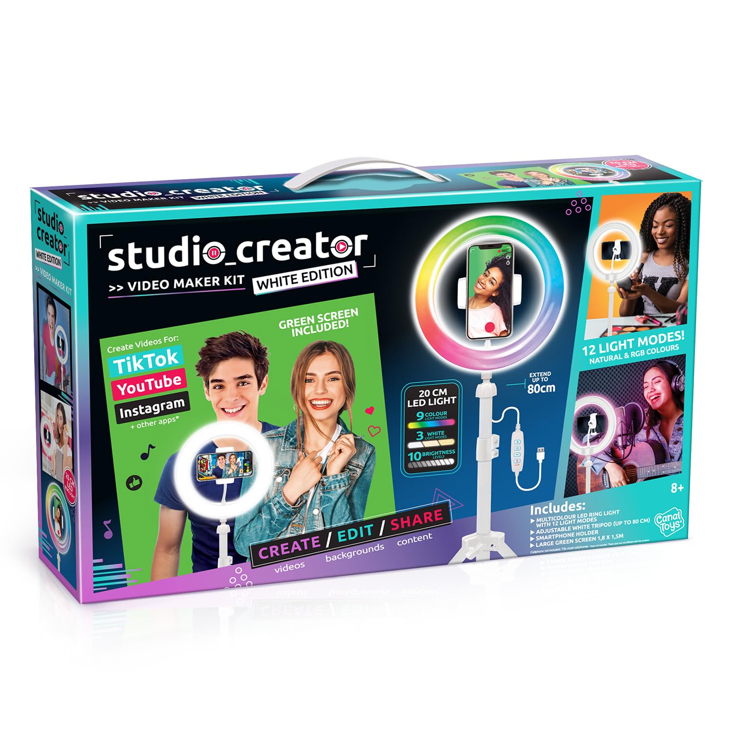 Studio Creator Video Maker Kit – White Edition | LED Ring Light, Green Screen, Tripod & Phone Holder 6